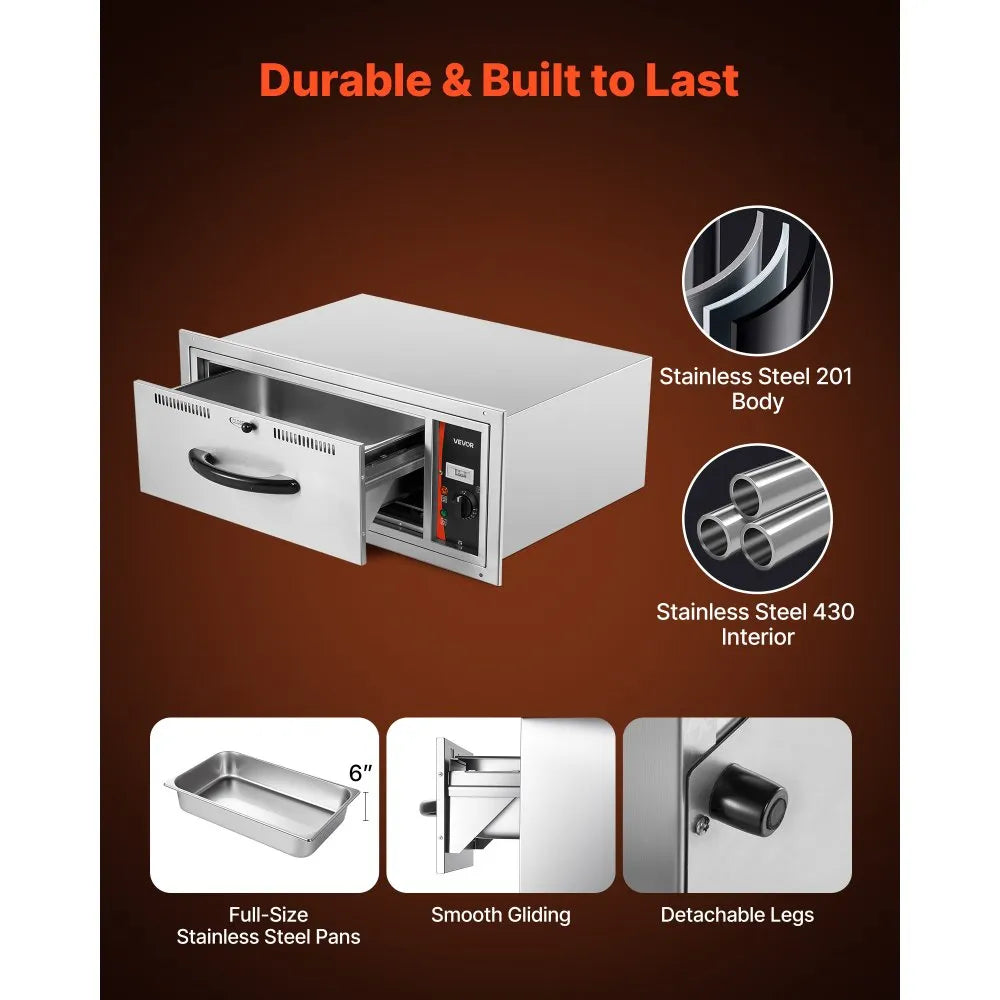 VEVOR Commercial Electric Drawer Warmer, Single-Drawer Stainless Steel Food Warmer, Built-in Installation Warming Drawer Cabinet, 85°F–185°F Wide Temperature Range, for Restaurant, Hotel & Bakery 