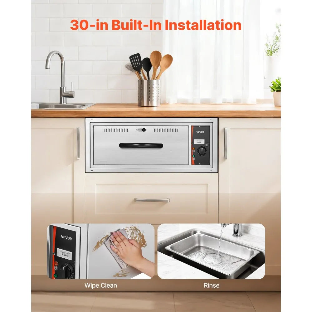 VEVOR Commercial Electric Drawer Warmer, Single-Drawer Stainless Steel Food Warmer, Built-in Installation Warming Drawer Cabinet, 85°F–185°F Wide Temperature Range, for Restaurant, Hotel & Bakery 