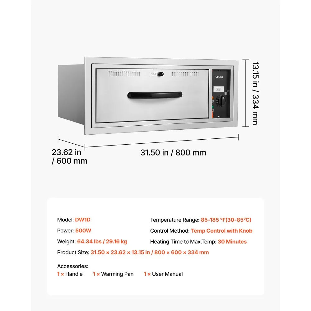VEVOR Commercial Electric Drawer Warmer, Single-Drawer Stainless Steel Food Warmer, Built-in Installation Warming Drawer Cabinet, 85°F–185°F Wide Temperature Range, for Restaurant, Hotel & Bakery 