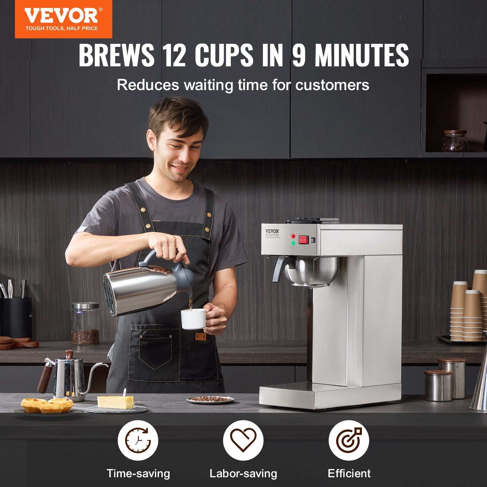 VEVOR 12 Cups Commercial Drip Coffee Maker with Thermal Carafe Restaurant Office 