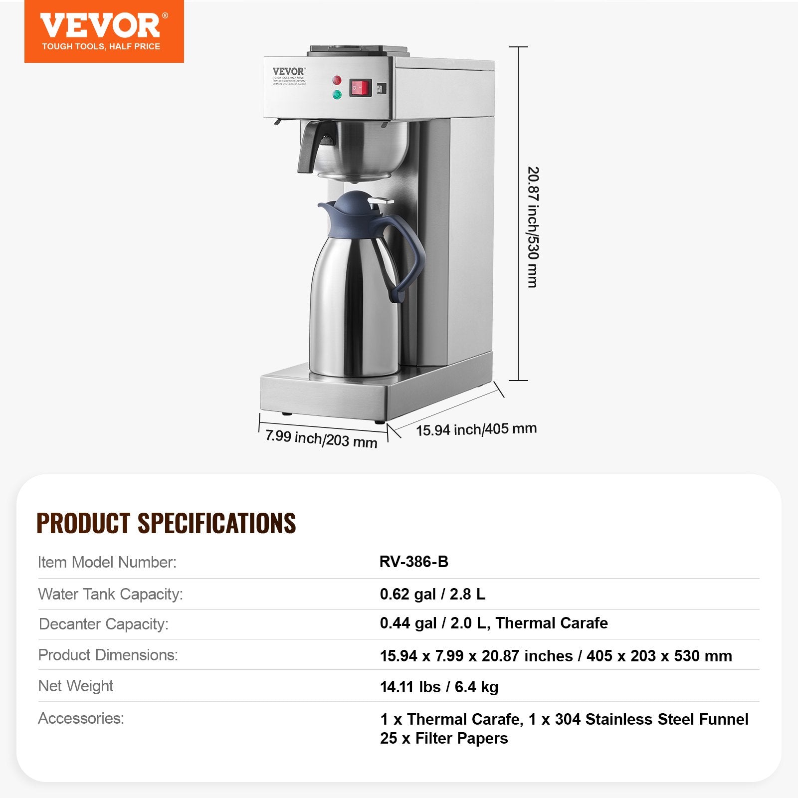 VEVOR 12 Cups Commercial Drip Coffee Maker with Thermal Carafe Restaurant Office 