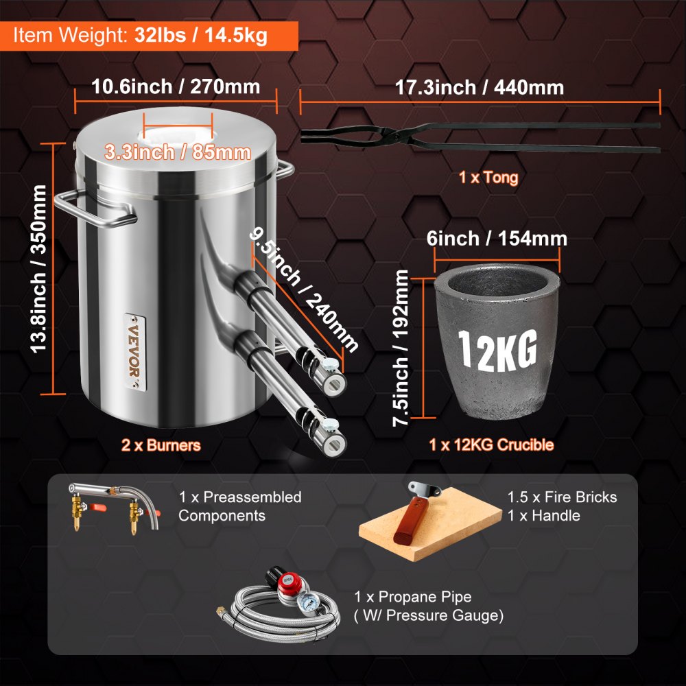 VEVOR 12KG Propane Smelting Furnace Kit Melting Furnace Double Burners 2700? 
