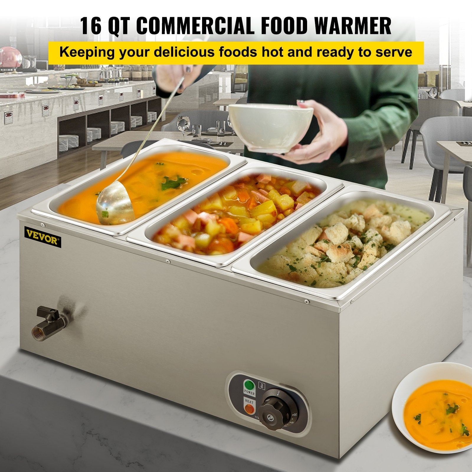 VEVOR 110V Commercial Food Warmer Electric Food Warmer 3-Pan with Tap Stainless Steel Bain Marie Buffet 850W Food Warmer Steam Table for Catering and Restaurants (3-Pan/850W) 