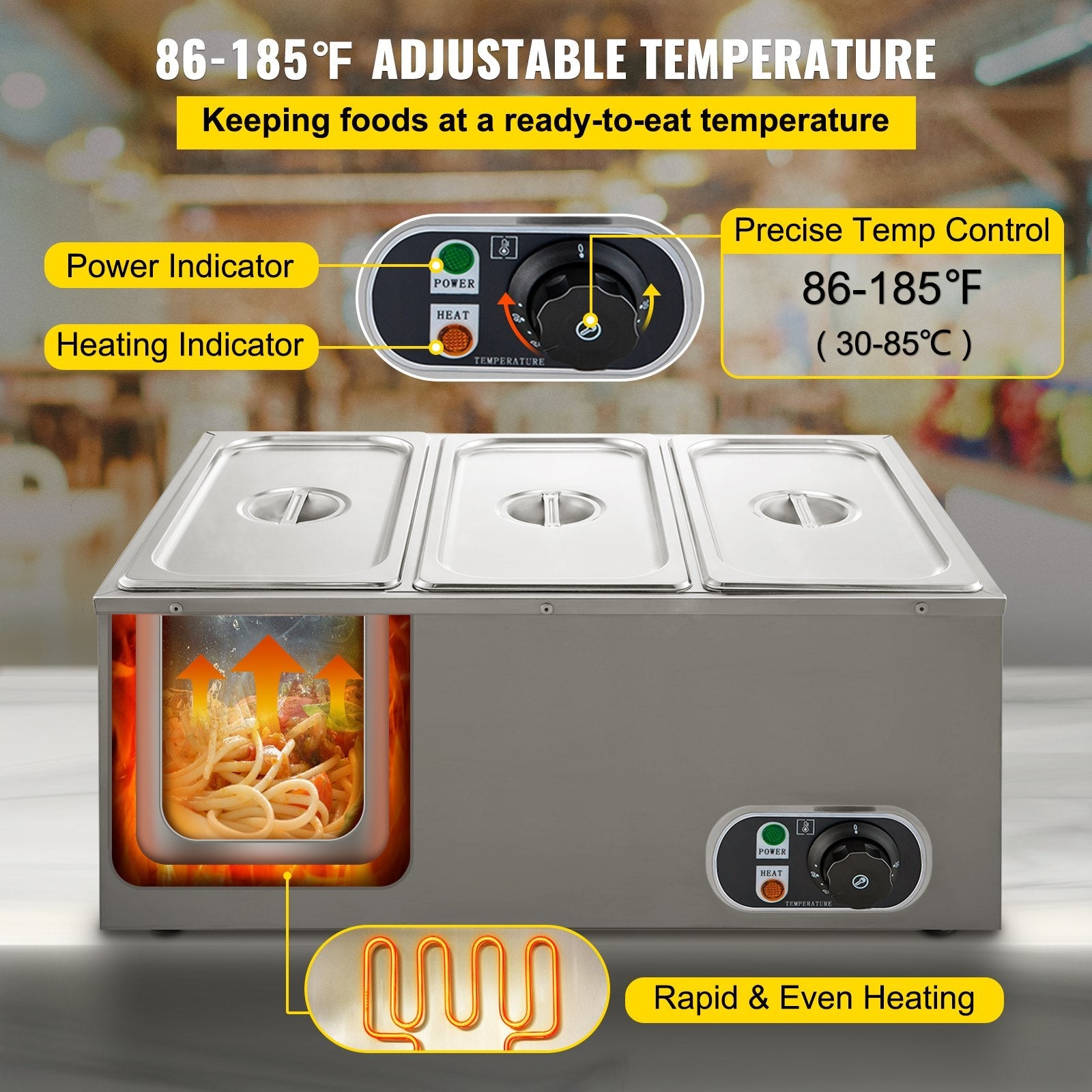 VEVOR 110V Commercial Food Warmer Electric Food Warmer 3-Pan with Tap Stainless Steel Bain Marie Buffet 850W Food Warmer Steam Table for Catering and Restaurants (3-Pan/850W) 