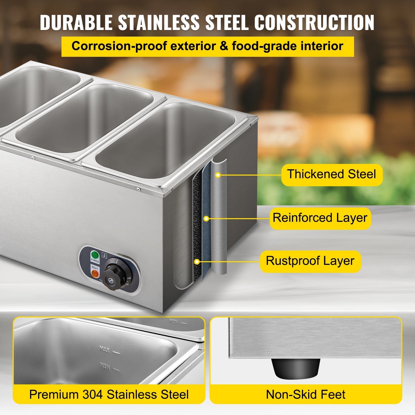VEVOR 110V Commercial Food Warmer Electric Food Warmer 3-Pan with Tap Stainless Steel Bain Marie Buffet 850W Food Warmer Steam Table for Catering and Restaurants (3-Pan/850W) 