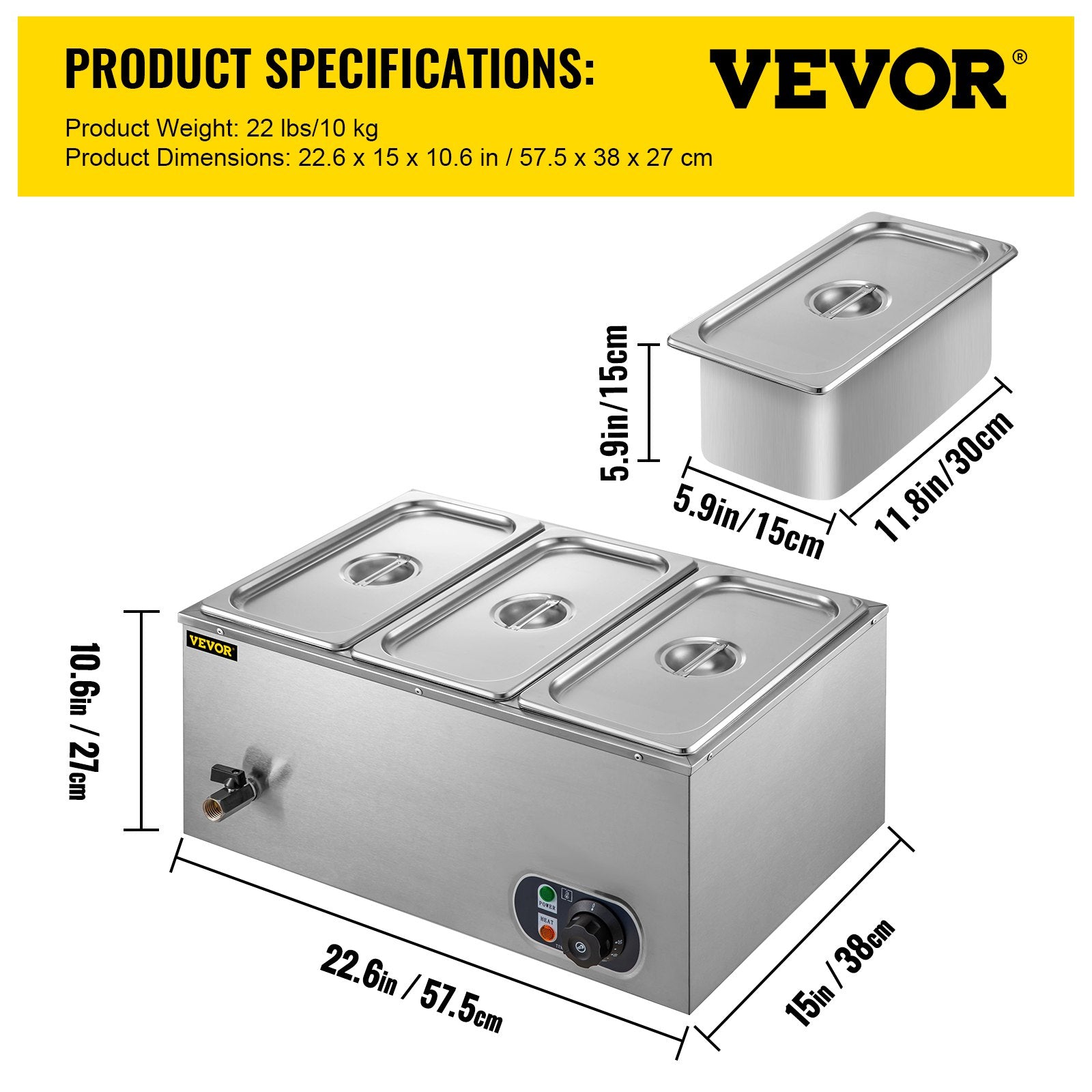 VEVOR 110V Commercial Food Warmer Electric Food Warmer 3-Pan with Tap Stainless Steel Bain Marie Buffet 850W Food Warmer Steam Table for Catering and Restaurants (3-Pan/850W) 