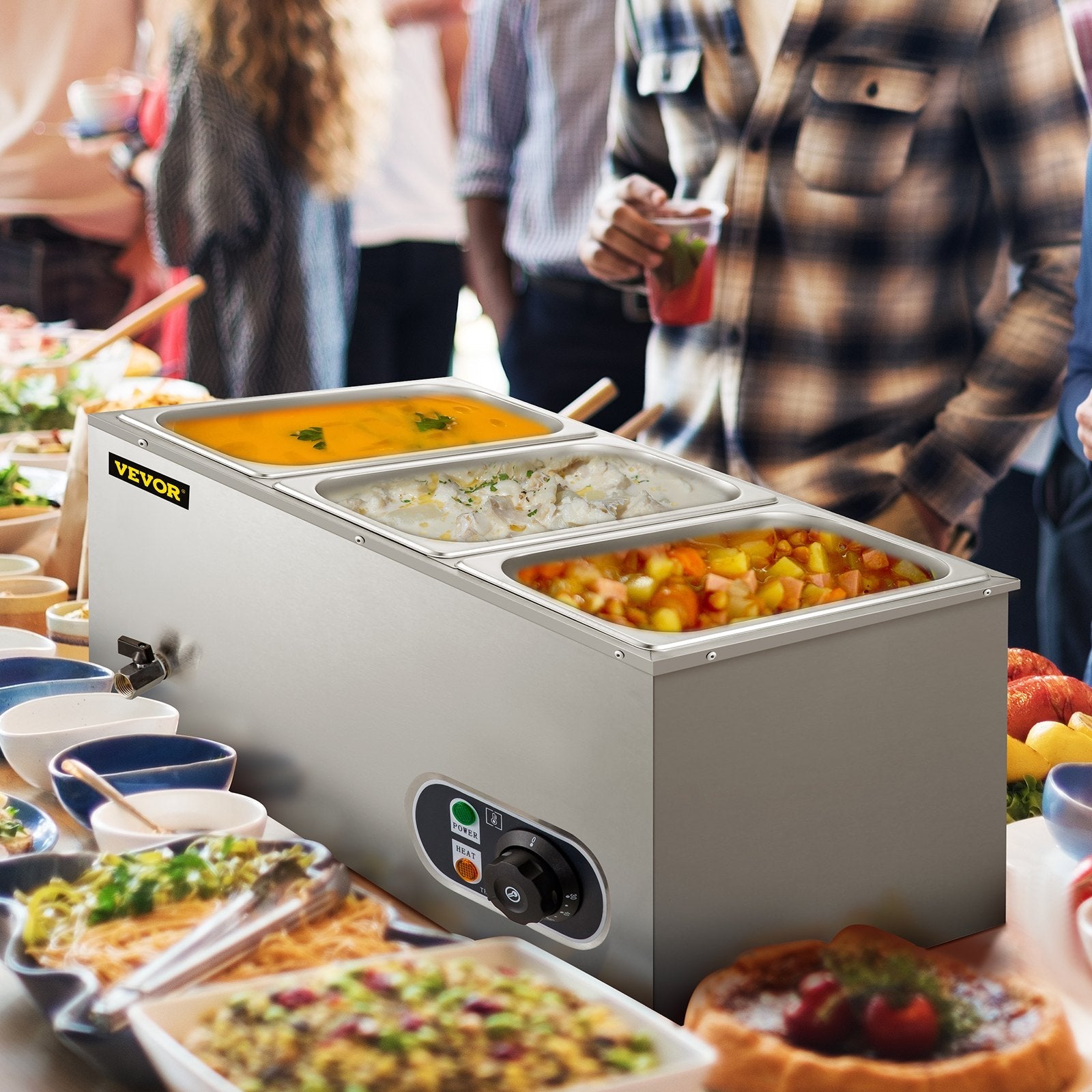 VEVOR 110V Commercial Food Warmer Electric Food Warmer 3-Pan with Tap Stainless Steel Bain Marie Buffet 850W Food Warmer Steam Table for Catering and Restaurants (3-Pan/850W) 