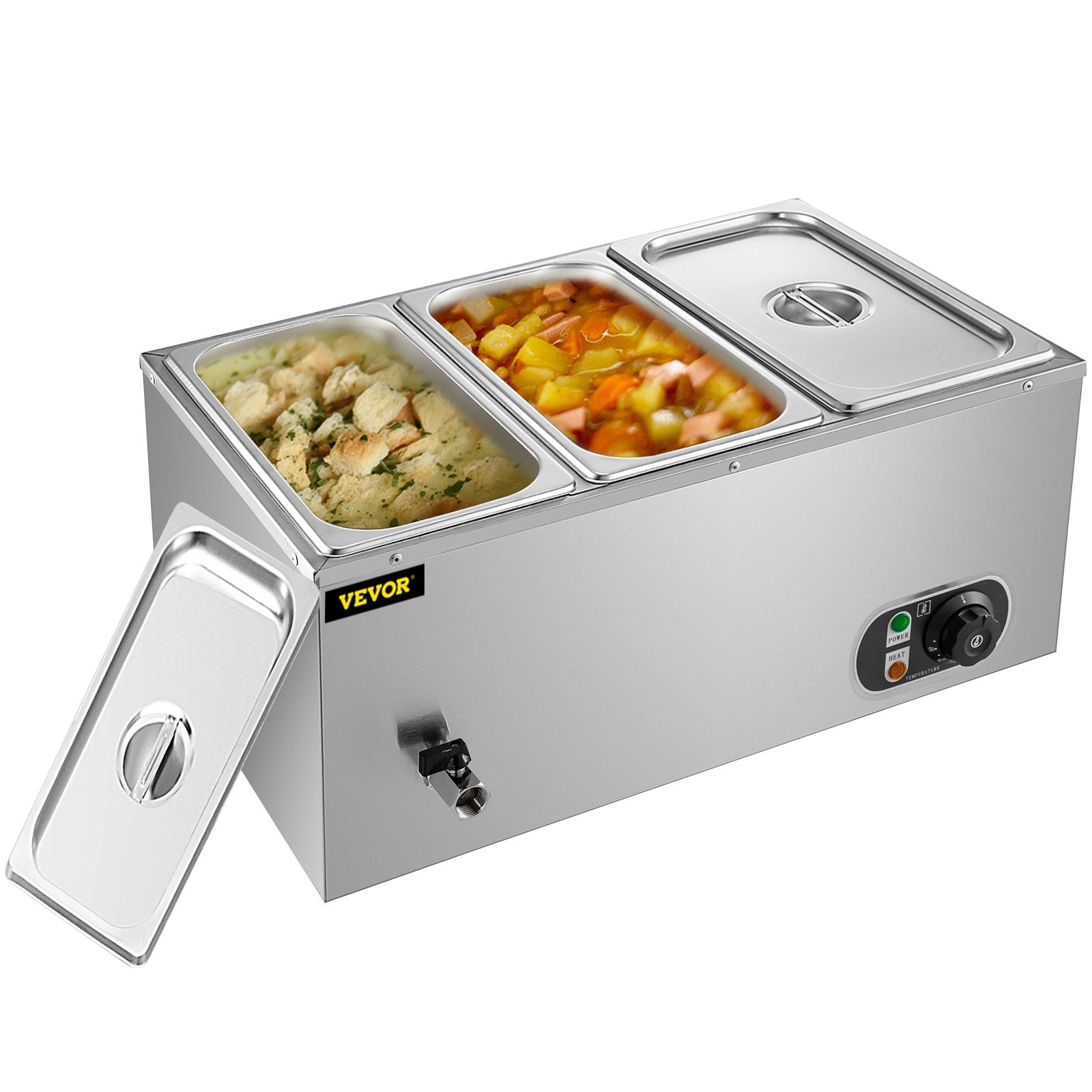 VEVOR 110V Commercial Food Warmer Electric Food Warmer 3-Pan with Tap Stainless Steel Bain Marie Buffet 850W Food Warmer Steam Table for Catering and Restaurants (3-Pan/850W) 