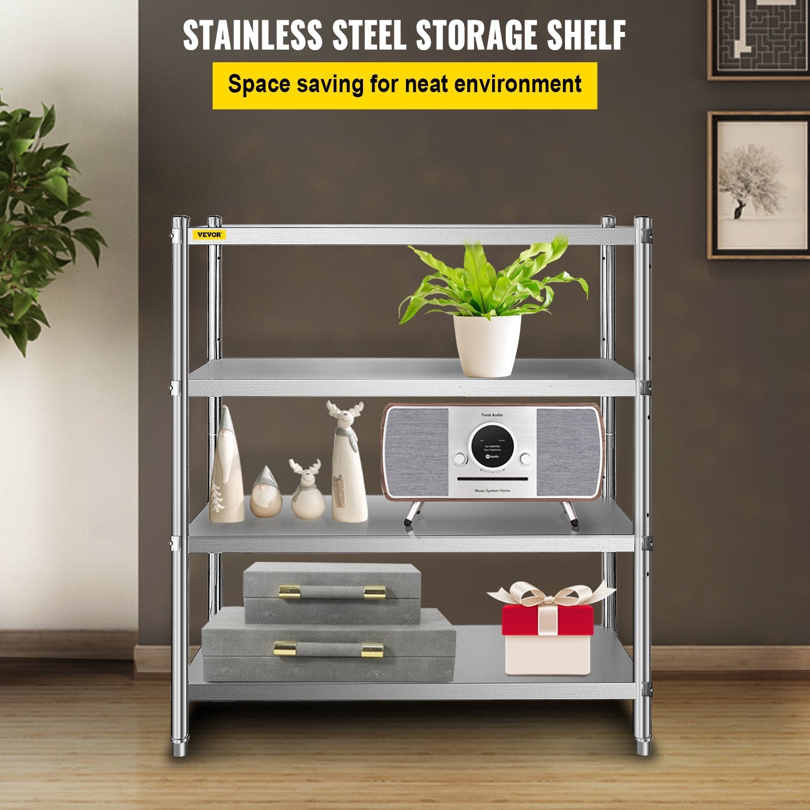 VEVOR Stainless Steel Shelving 46.8x18.5 Inch 4 Tier Adjustable Shelf Storage Unit Stainless Steel Heavy Duty Shelving for Kitchen Commercial Office Garage Storage 330lb Per Shelf 