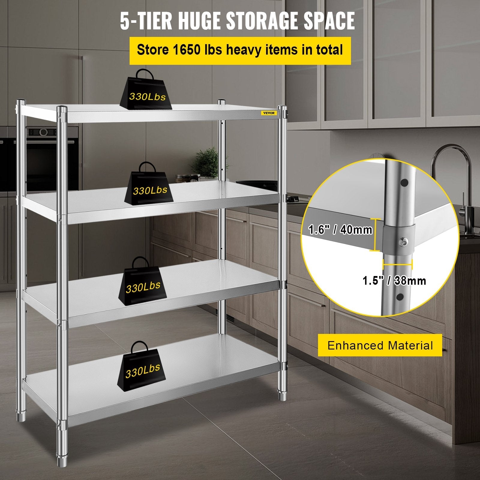 VEVOR Stainless Steel Shelving 46.8x18.5 Inch 4 Tier Adjustable Shelf Storage Unit Stainless Steel Heavy Duty Shelving for Kitchen Commercial Office Garage Storage 330lb Per Shelf 