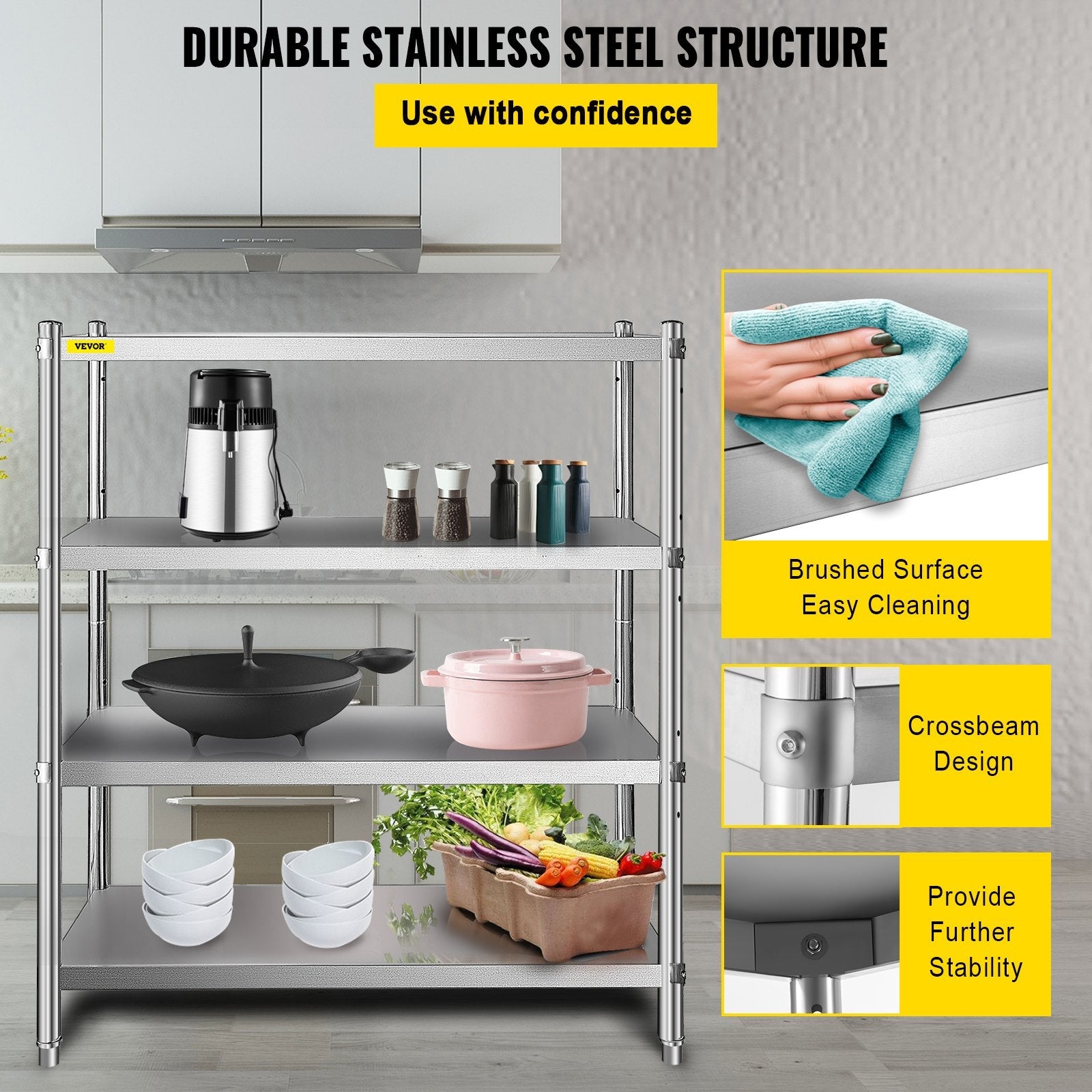 VEVOR Stainless Steel Shelving 46.8x18.5 Inch 4 Tier Adjustable Shelf Storage Unit Stainless Steel Heavy Duty Shelving for Kitchen Commercial Office Garage Storage 330lb Per Shelf 