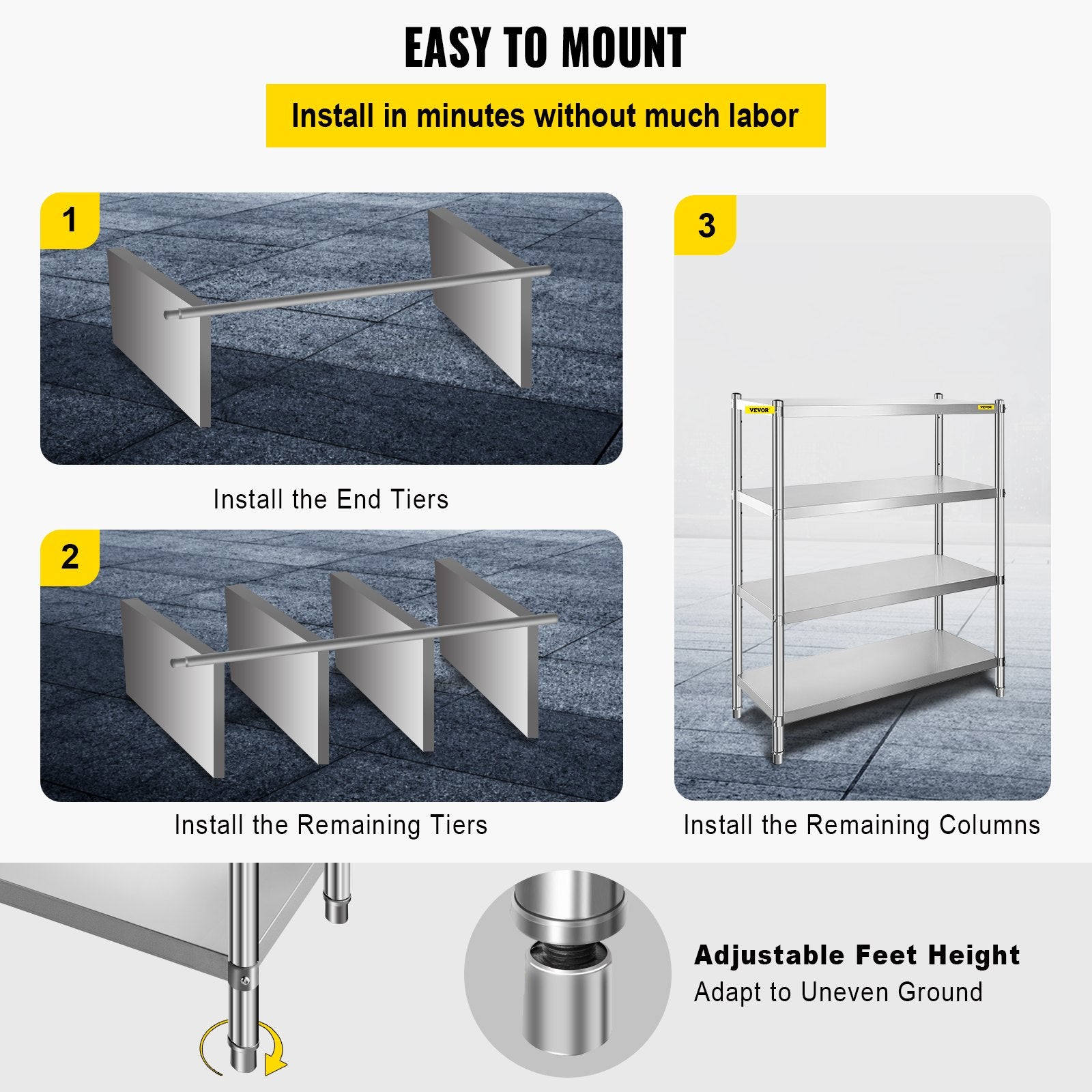 VEVOR Stainless Steel Shelving 46.8x18.5 Inch 4 Tier Adjustable Shelf Storage Unit Stainless Steel Heavy Duty Shelving for Kitchen Commercial Office Garage Storage 330lb Per Shelf 