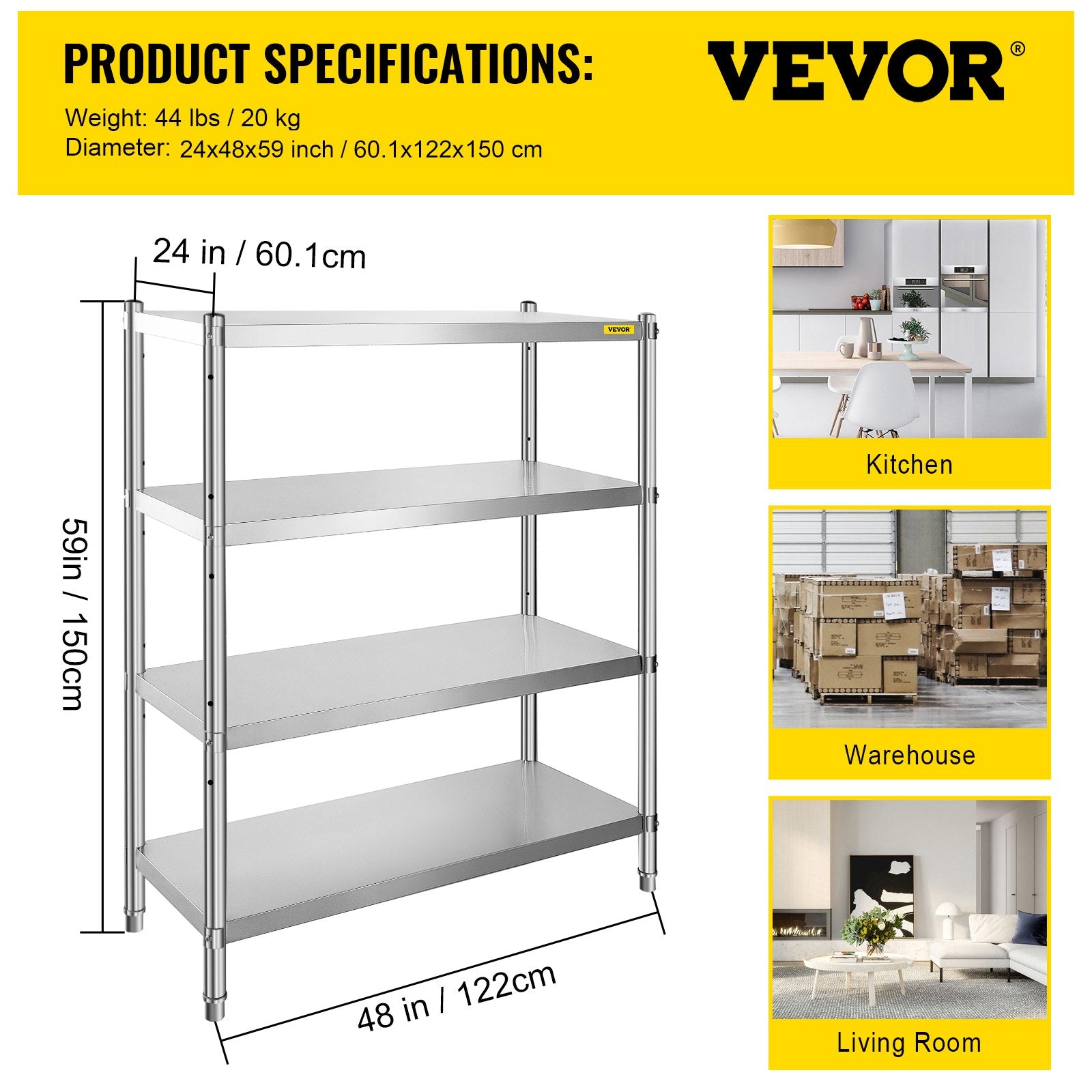 VEVOR Stainless Steel Shelving 46.8x18.5 Inch 4 Tier Adjustable Shelf Storage Unit Stainless Steel Heavy Duty Shelving for Kitchen Commercial Office Garage Storage 330lb Per Shelf 
