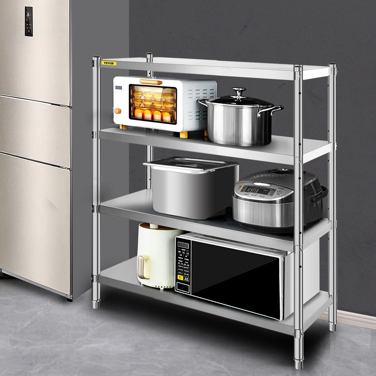 VEVOR Stainless Steel Shelving 46.8x18.5 Inch 4 Tier Adjustable Shelf Storage Unit Stainless Steel Heavy Duty Shelving for Kitchen Commercial Office Garage Storage 330lb Per Shelf 