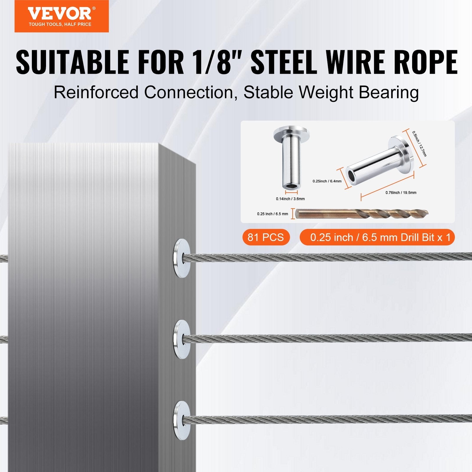 VEVOR 81 Pack T316 Stainless Steel Protector Sleeves for 1/8" Wire Rope Cable Railing, DIY Balustrade T316 Marine Grade, Come with A Free Drill Bit, Silver 