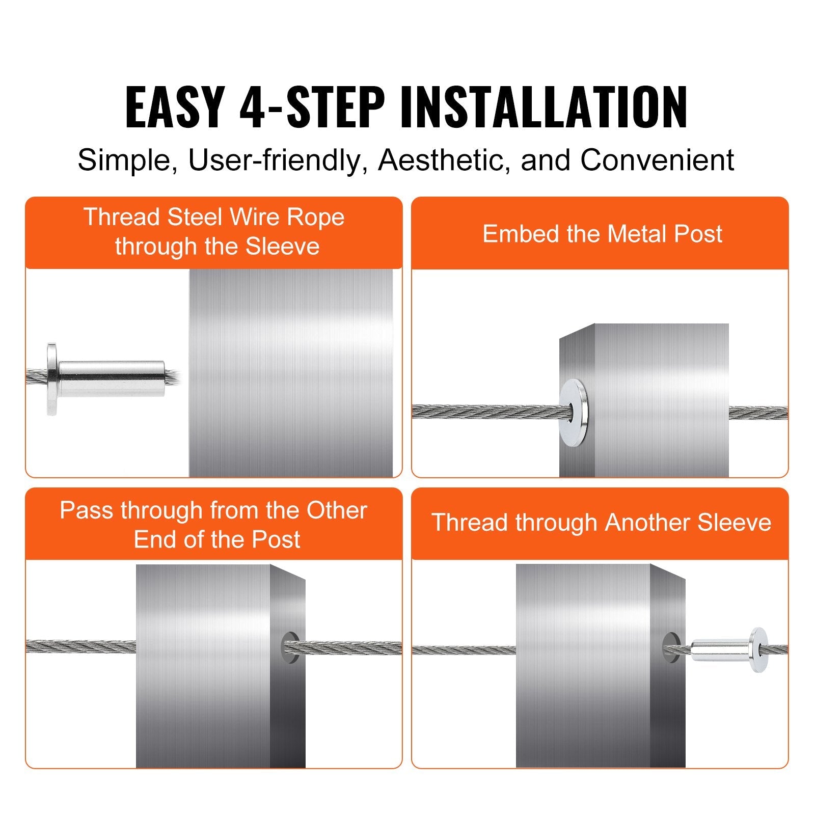 VEVOR 81 Pack T316 Stainless Steel Protector Sleeves for 1/8" Wire Rope Cable Railing, DIY Balustrade T316 Marine Grade, Come with A Free Drill Bit, Silver 