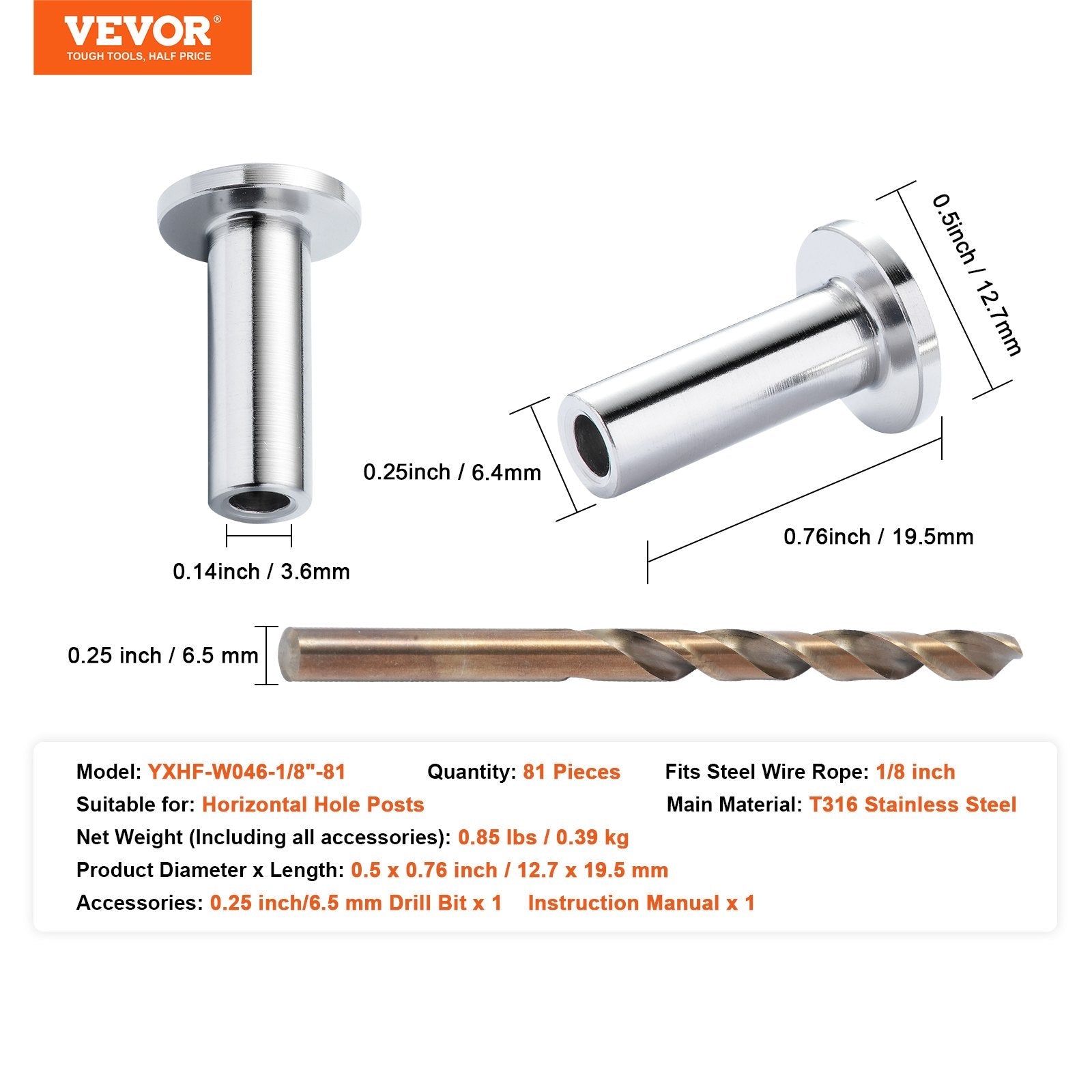 VEVOR 81 Pack T316 Stainless Steel Protector Sleeves for 1/8" Wire Rope Cable Railing, DIY Balustrade T316 Marine Grade, Come with A Free Drill Bit, Silver 