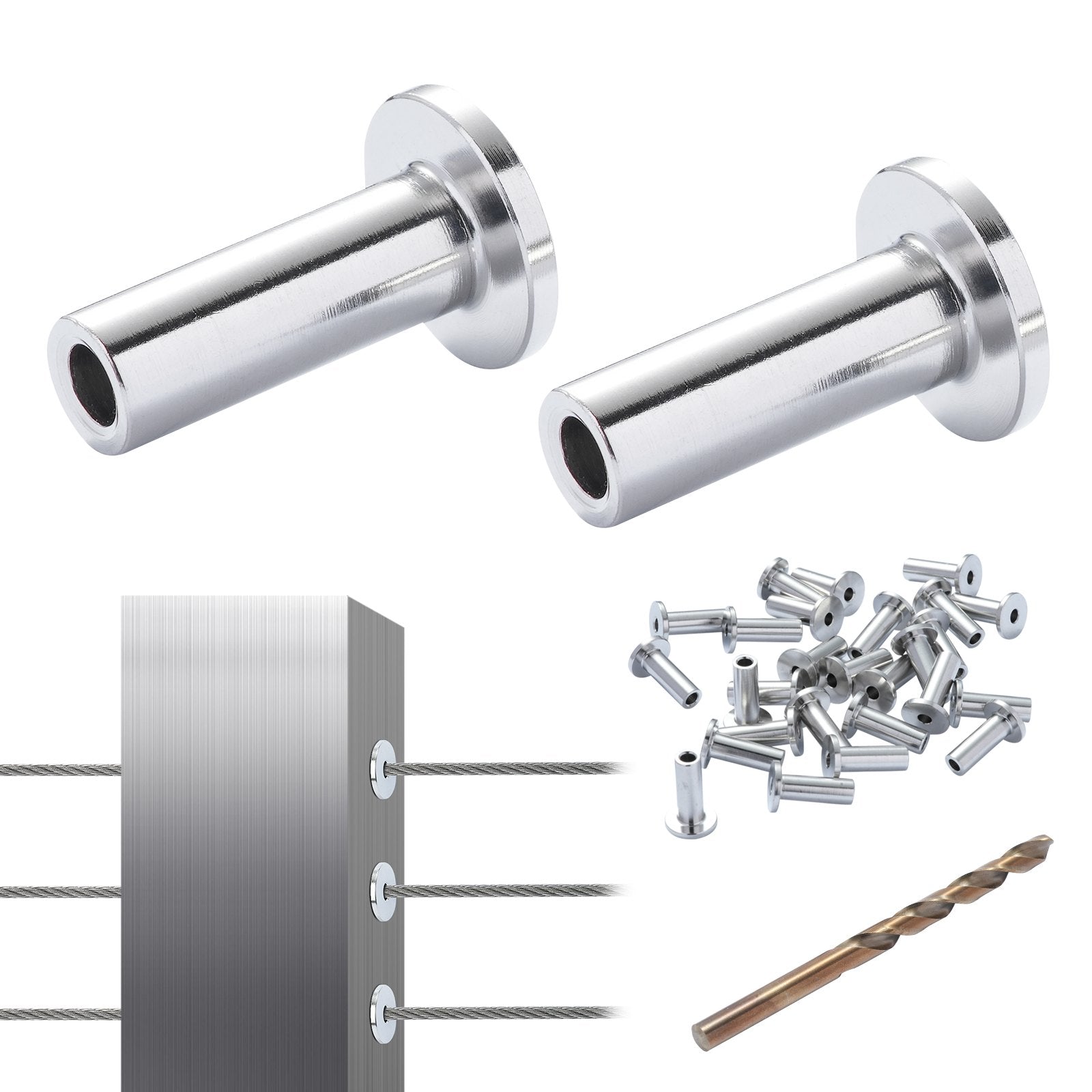 VEVOR 81 Pack T316 Stainless Steel Protector Sleeves for 1/8" Wire Rope Cable Railing, DIY Balustrade T316 Marine Grade, Come with A Free Drill Bit, Silver 