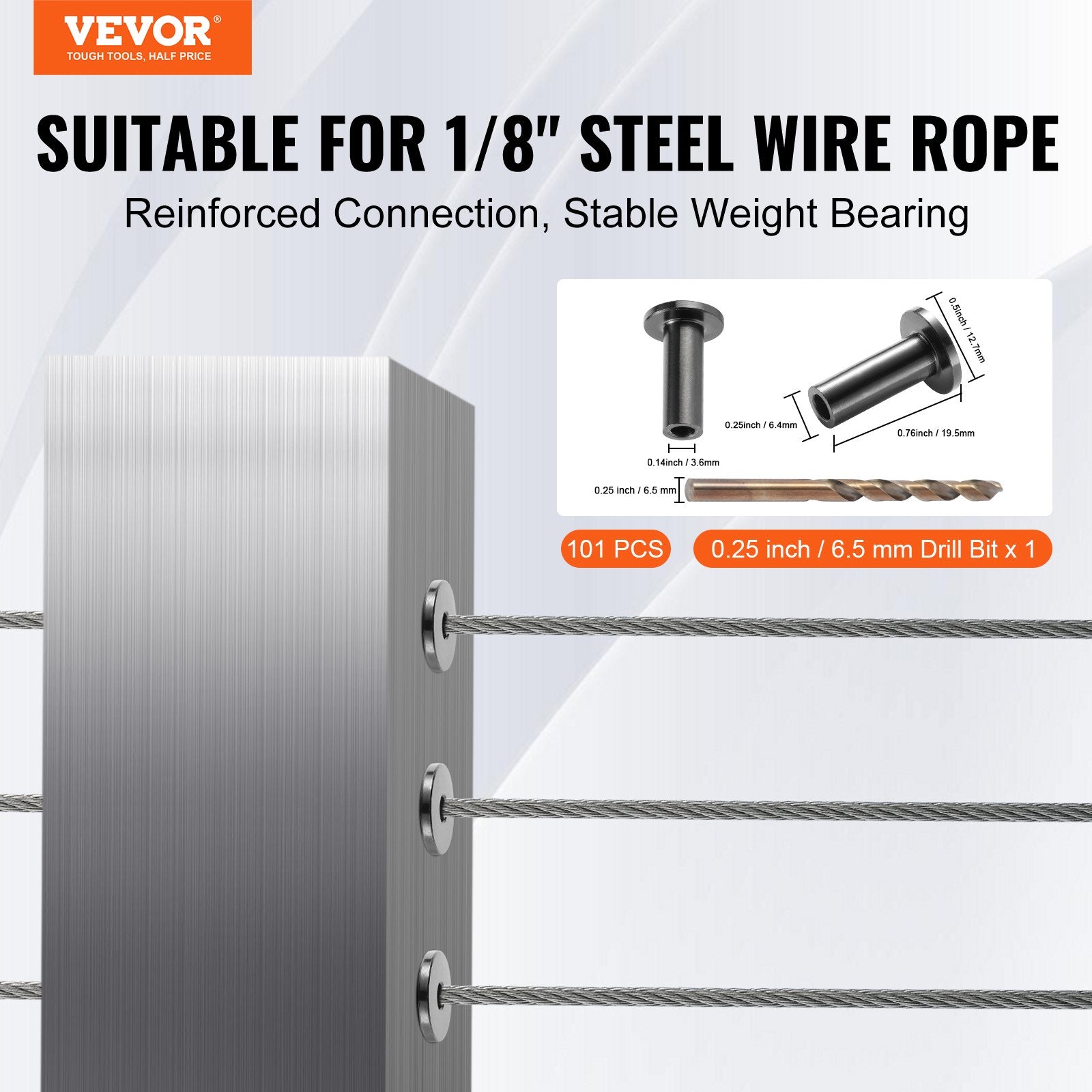 VEVOR 101 Pack T316 Stainless Steel Protector Sleeves for 1/8" Wire Rope Cable Railing, DIY Balustrade T316 Marine Grade, Come with A Free Drill Bit, Black 