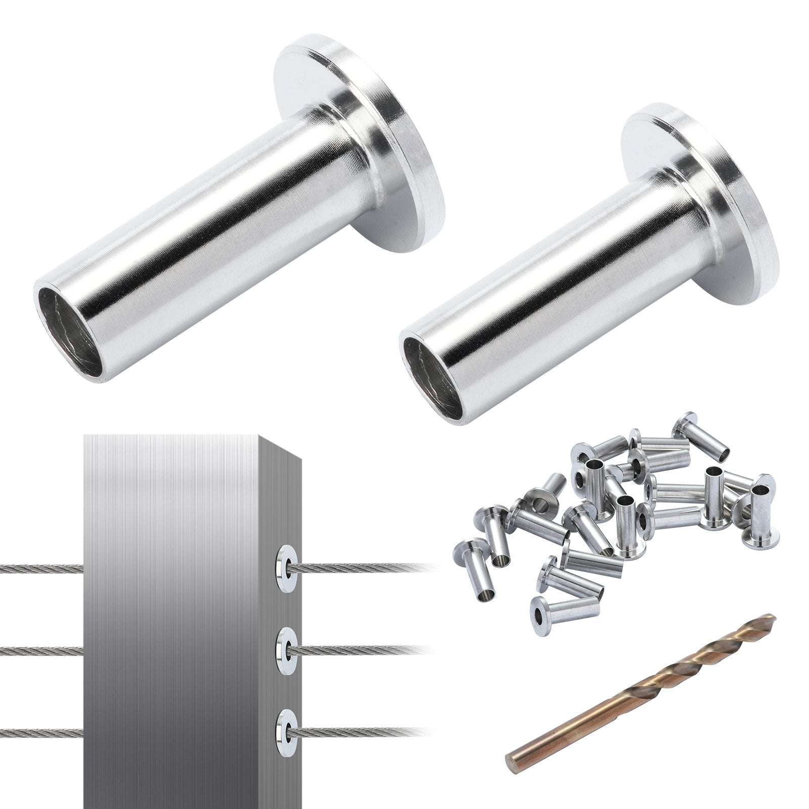 VEVOR 121 Pack T316 Stainless Steel Protector Sleeves for 5/32" 3/16" Wire Rope Cable Railing, DIY Balustrade T316 Marine Grade, Come with A Free Drill Bit, Silver 