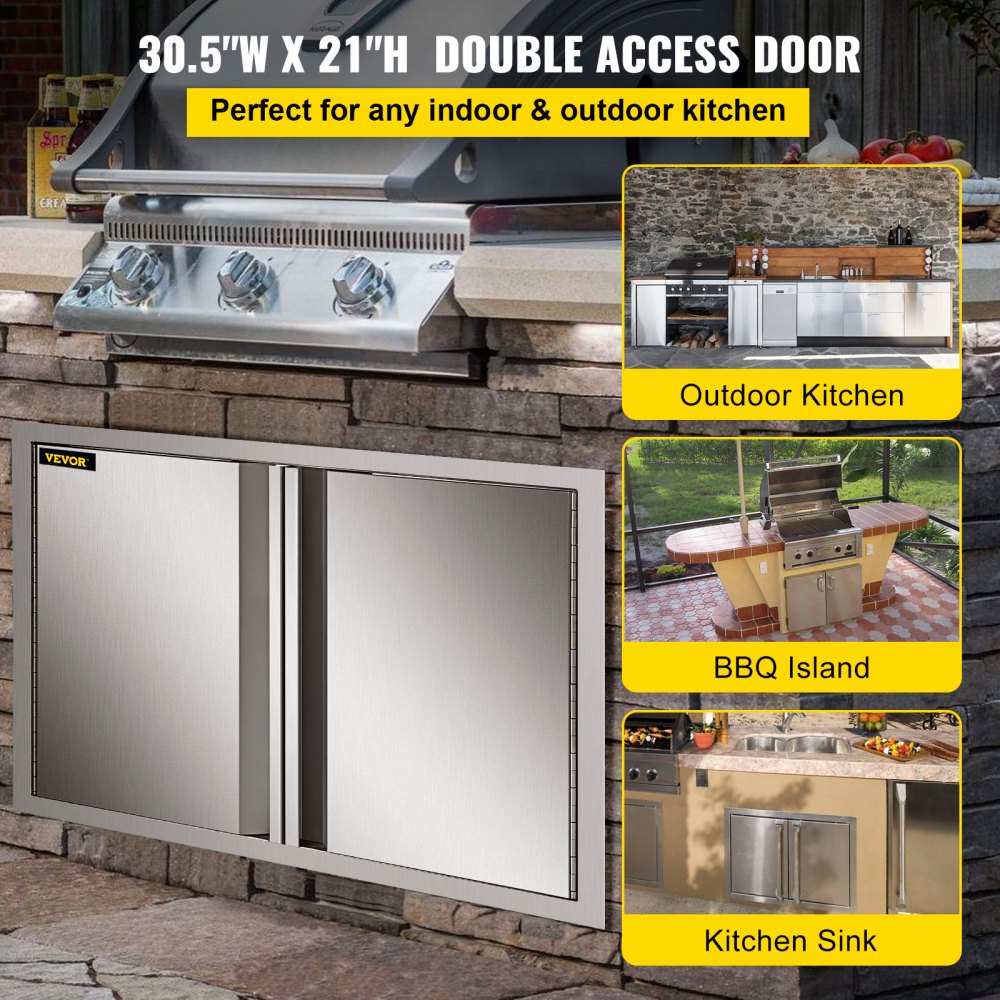 VEVOR BBQ Access Door 30.5W x 21H Inch, Double BBQ Door Stainless Steel with Recessed Handle, Outdoor Kitchen Doors for BBQ Island, Grill Station, Outside Cabinet 