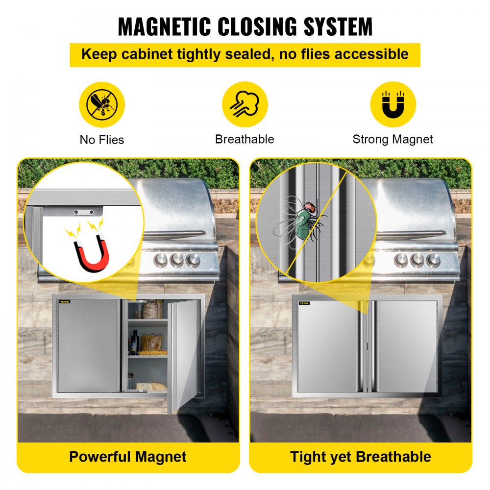 VEVOR BBQ Access Door 30.5W x 21H Inch, Double BBQ Door Stainless Steel with Recessed Handle, Outdoor Kitchen Doors for BBQ Island, Grill Station, Outside Cabinet 