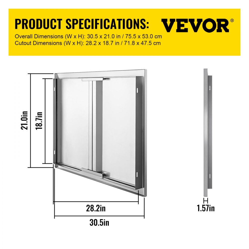 VEVOR BBQ Access Door 30.5W x 21H Inch, Double BBQ Door Stainless Steel with Recessed Handle, Outdoor Kitchen Doors for BBQ Island, Grill Station, Outside Cabinet 
