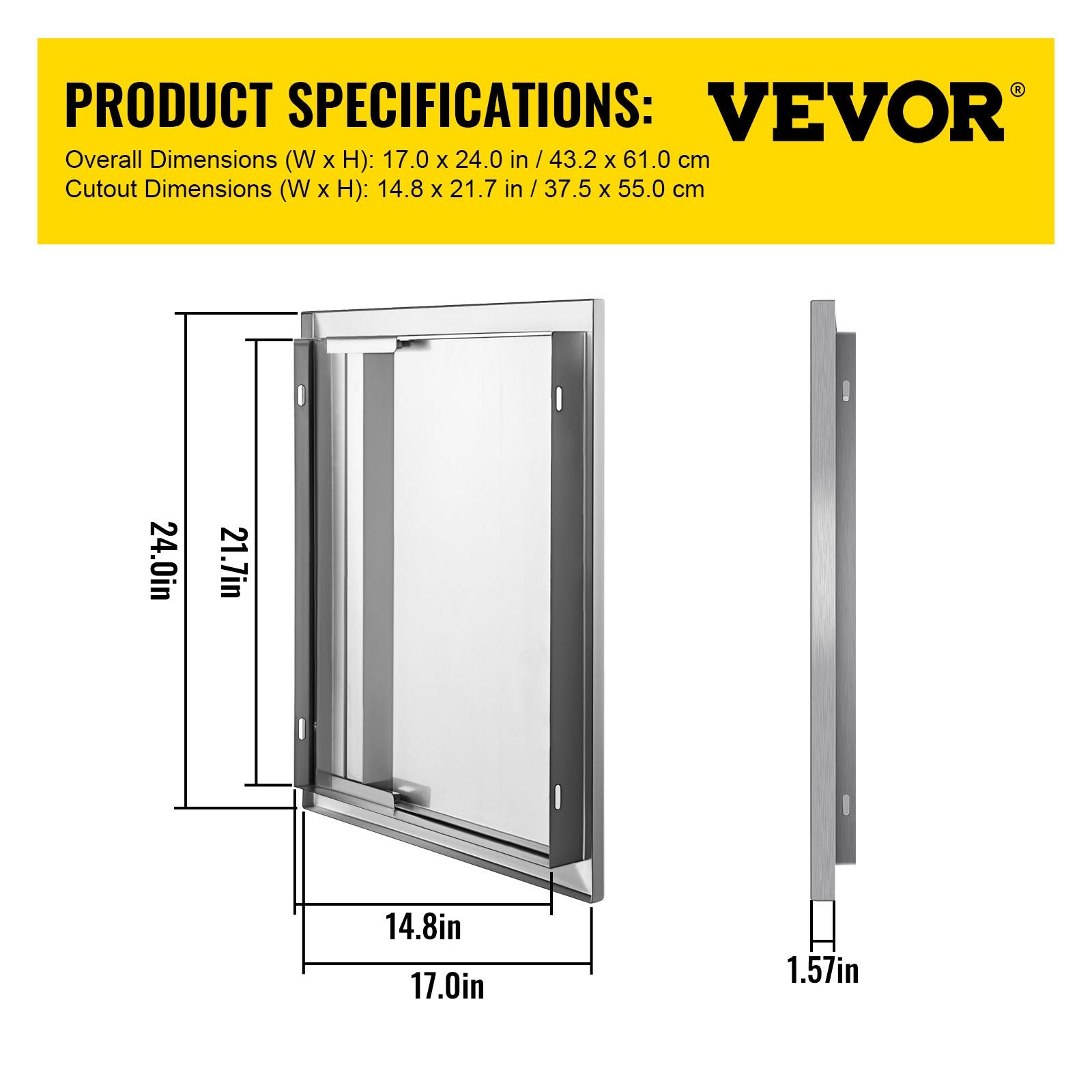 VEVOR BBQ Access Door 17W x 24H Inch, Vertical Single BBQ Door Stainless Steel with Recessed Handle, Outdoor Kitchen Doors for BBQ Island, Grill Station, Outside Cabinet 