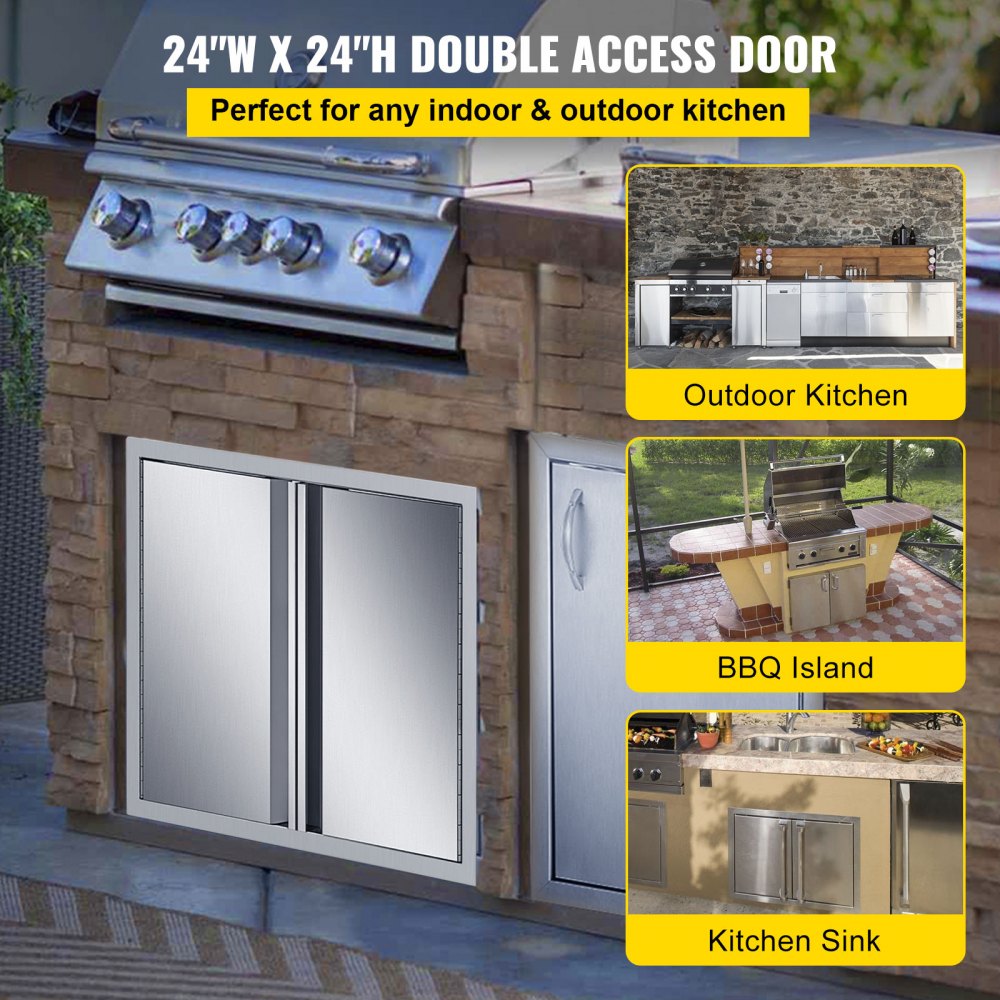 VEVOR BBQ Access Door 24 x 24 Inch, Double BBQ Door Stainless Steel with Recessed Handle, Outdoor Kitchen Doors for BBQ Island, Grill Station, Outside Cabinet 