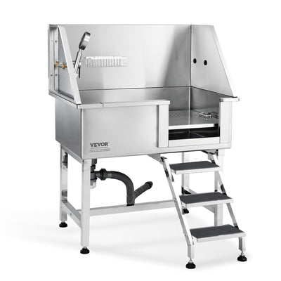 VEVOR 38" Pet Dog Bathing Station w/Ramp, Professional Stainless Steel Dog Grooming Tub w/ Storage Drawer, Floor Grate, Faucet, Dog Bathtub for Large,Medium,Small Pets, Washing Sink for Home(Right) 