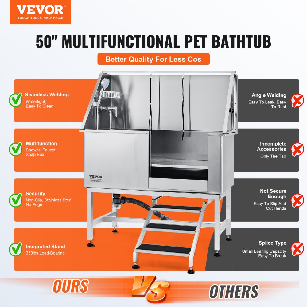 VEVOR 50" Pet Dog Bathing Station w/Stairs, Professional Stainless Steel Dog Grooming Tub w/ Soap Box, Faucet,Rich Accessory, Dog Bathtub for Large,Medium,Small Pets, Washing Sink for Home Right 