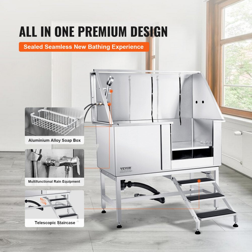 VEVOR 50" Pet Dog Bathing Station w/Stairs, Professional Stainless Steel Dog Grooming Tub w/ Soap Box, Faucet,Rich Accessory, Dog Bathtub for Large,Medium,Small Pets, Washing Sink for Home Right 