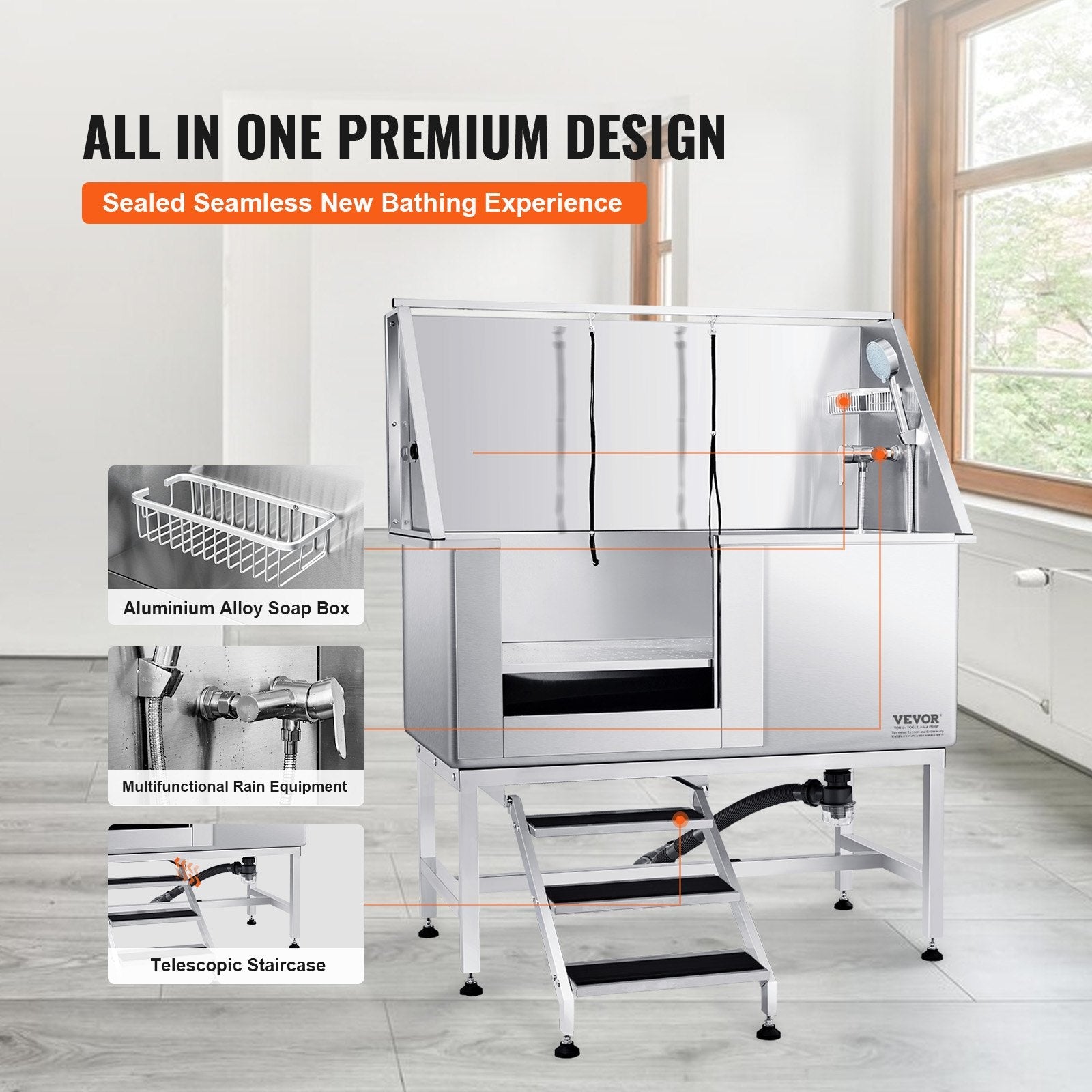 VEVOR 50" Pet Dog Bathing Station w/Stairs, Professional Stainless Steel Dog Grooming Tub w/ Soap Box, Faucet,Rich Accessory, Dog Bathtub for Large,Medium,Small Pets, Washing Sink for Home Left 