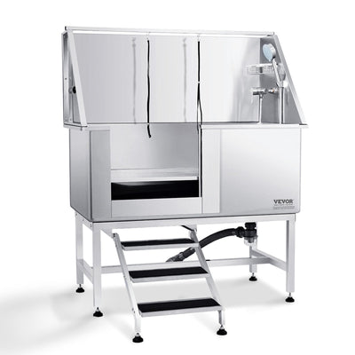 VEVOR 50" Pet Dog Bathing Station w/Stairs, Professional Stainless Steel Dog Grooming Tub w/ Soap Box, Faucet,Rich Accessory, Dog Bathtub for Large,Medium,Small Pets, Washing Sink for Home Left 