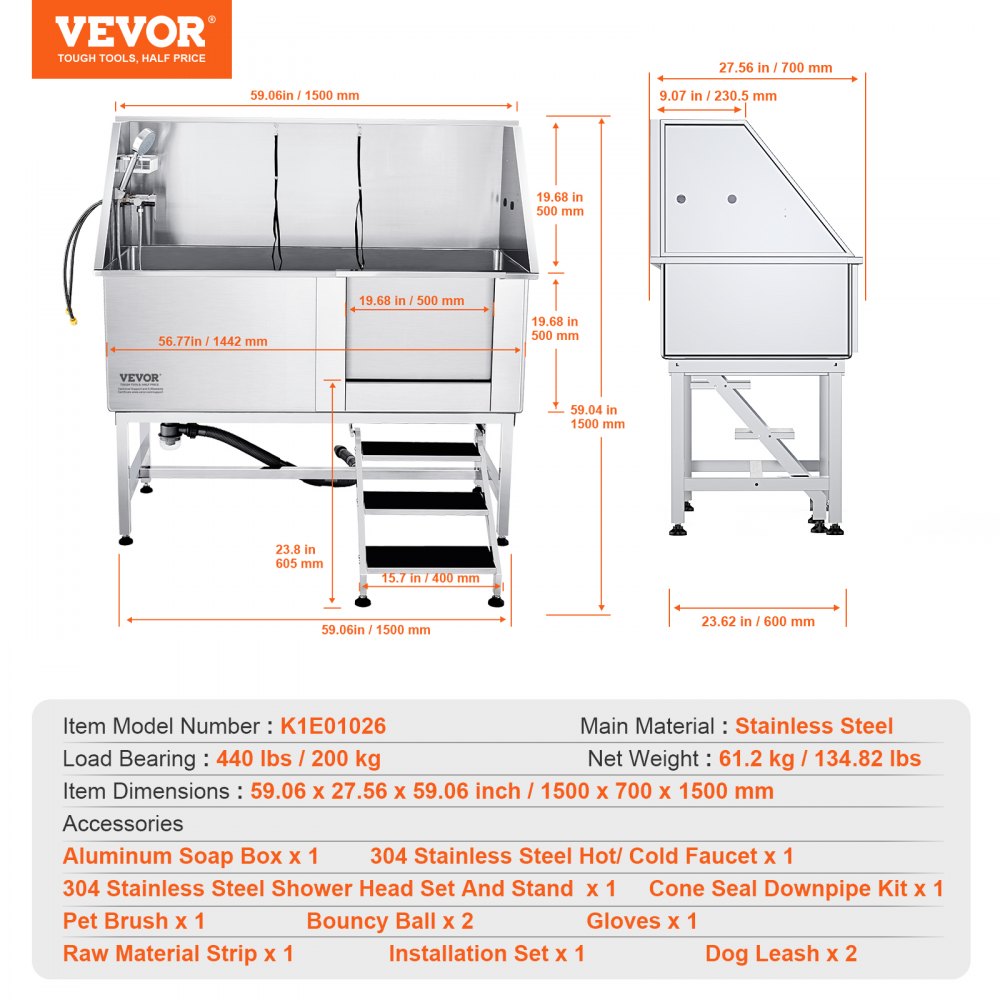 VEVOR 62" Pet Dog Bathing Station w/Stairs, Professional Stainless Steel Dog Grooming Tub w/ Soap Box, Faucet,Rich Accessory,Bathtub for Large,Medium,Small Pet, Washing Sink for Home(Right) 