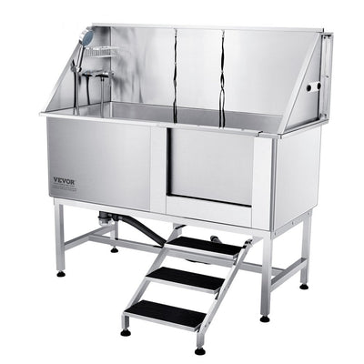 VEVOR 62" Pet Dog Bathing Station w/Stairs, Professional Stainless Steel Dog Grooming Tub w/ Soap Box, Faucet,Rich Accessory,Bathtub for Large,Medium,Small Pet, Washing Sink for Home(Right) 