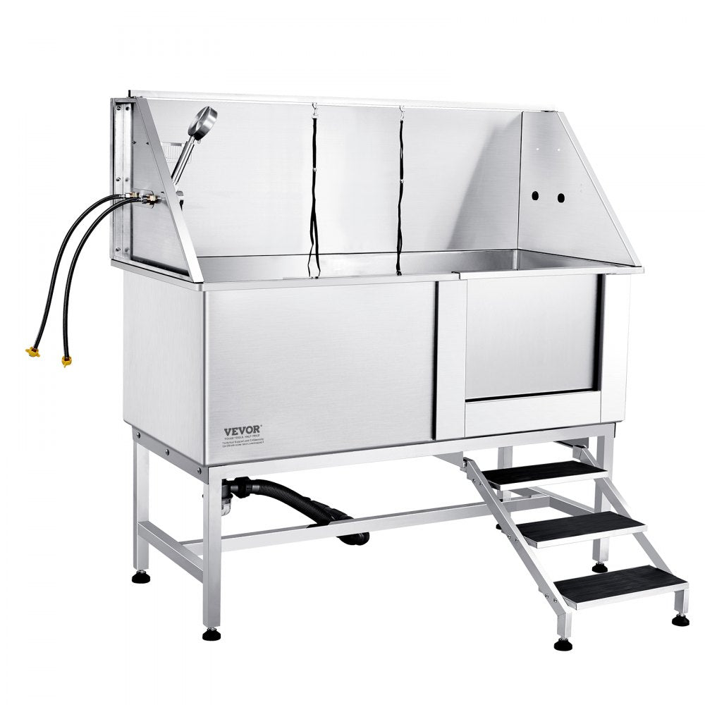 VEVOR 62" Pet Dog Bathing Station w/Stairs, Professional Stainless Steel Dog Grooming Tub w/ Soap Box, Faucet,Rich Accessory,Bathtub for Large,Medium,Small Pet, Washing Sink for Home(Right) 