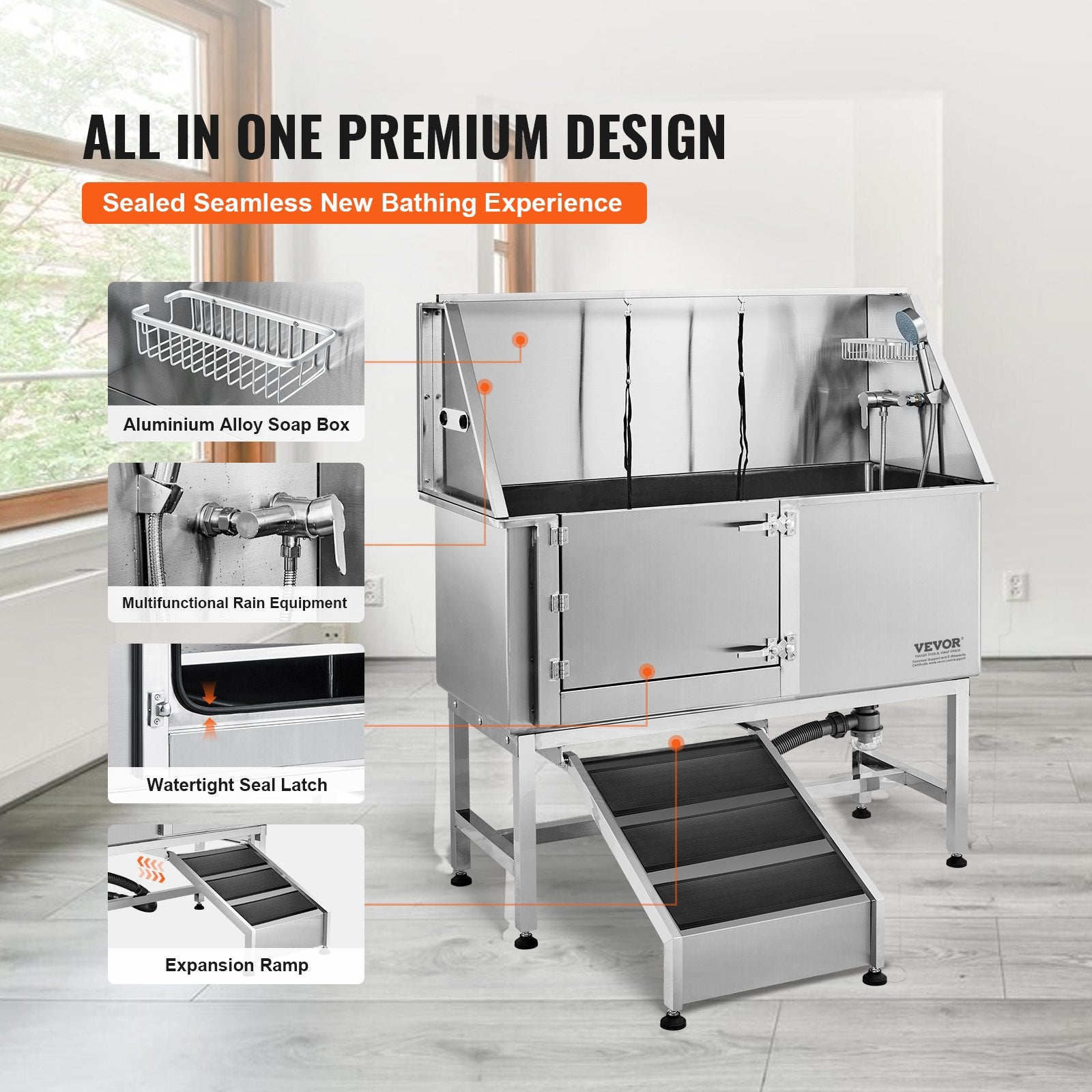 VEVOR 62" Pet Dog Bathing Station w/Ramp, Professional Stainless Steel Dog Grooming Tub w/ Soap Box, Faucet,Rich Accessory,Bathtub for Large,Medium,Small Pet, Washing Sink for Home(Left) 