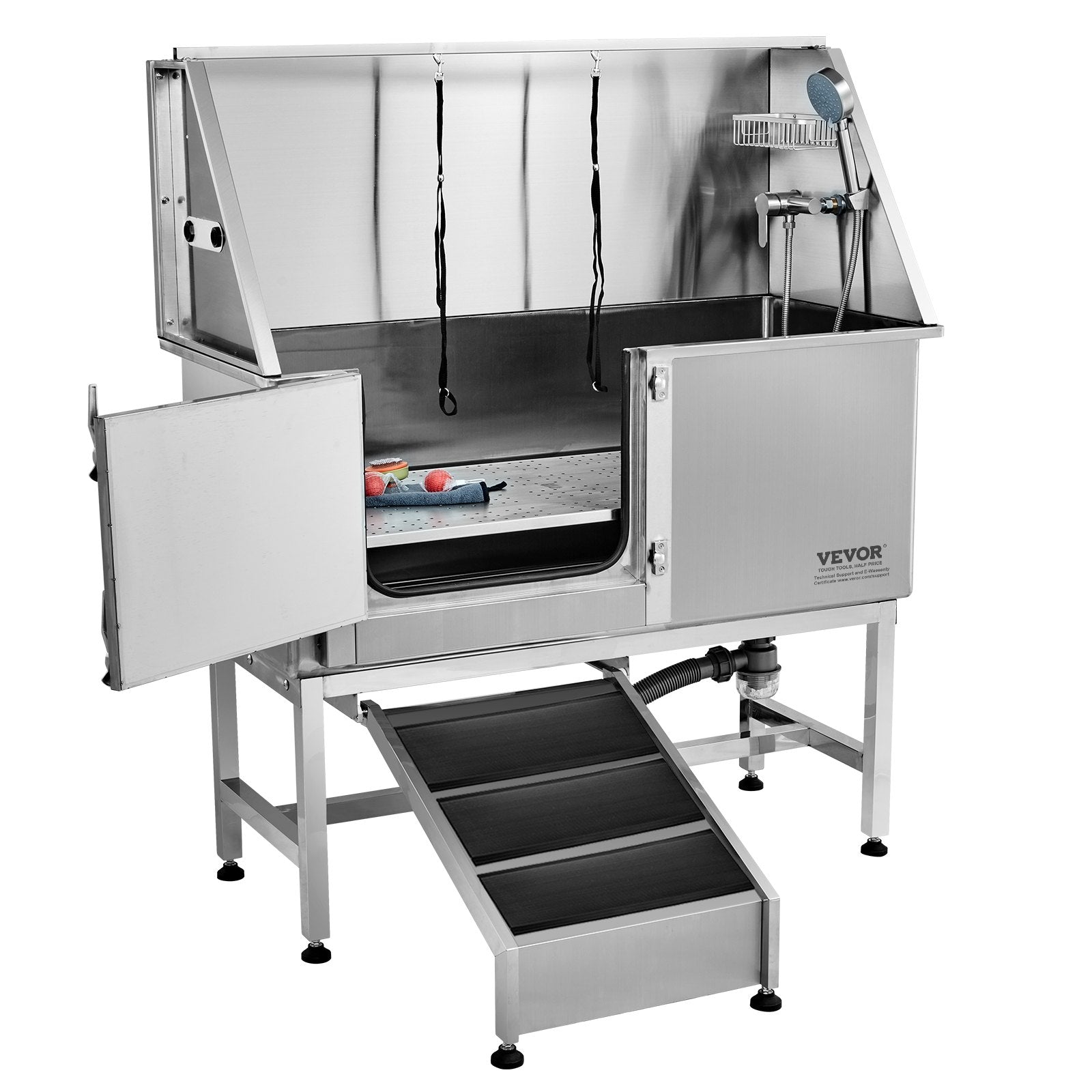 VEVOR 62" Pet Dog Bathing Station w/Ramp, Professional Stainless Steel Dog Grooming Tub w/ Soap Box, Faucet,Rich Accessory,Bathtub for Large,Medium,Small Pet, Washing Sink for Home(Left) 