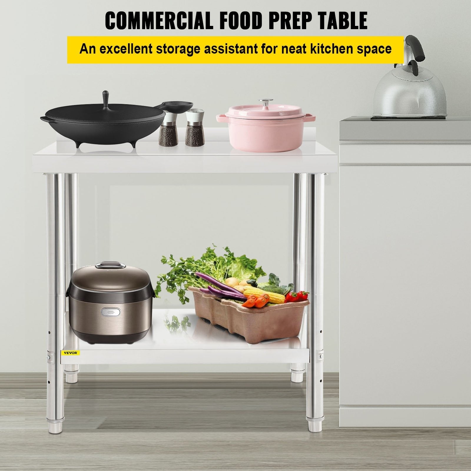 VEVOR Stainless Steel Prep Table, 36 x 24 x 35 Inch, 440lbs Load Capacity Heavy Duty Metal Worktable with Backsplash and Adjustable Undershelf, Commercial Workstation for Kitchen Restaurant 