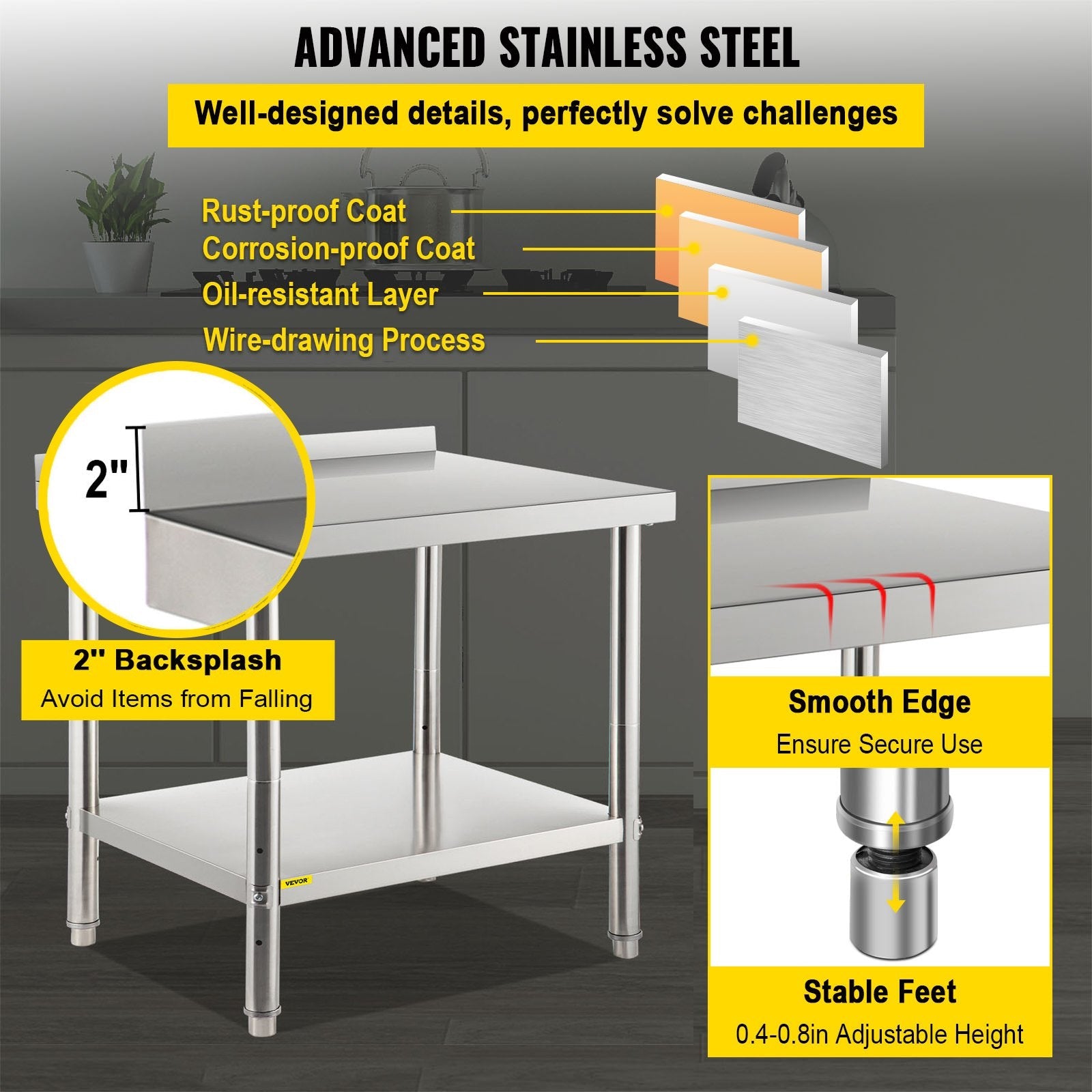 VEVOR Stainless Steel Prep Table, 36 x 24 x 35 Inch, 440lbs Load Capacity Heavy Duty Metal Worktable with Backsplash and Adjustable Undershelf, Commercial Workstation for Kitchen Restaurant 