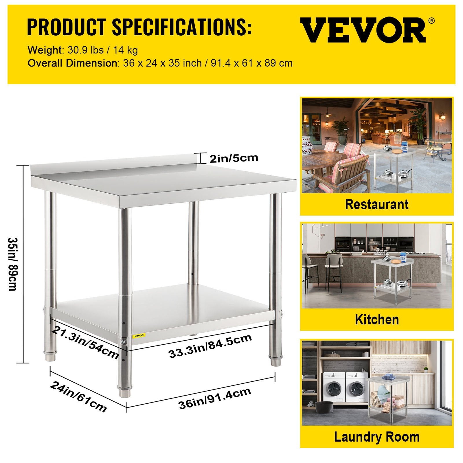 VEVOR Stainless Steel Prep Table, 36 x 24 x 35 Inch, 440lbs Load Capacity Heavy Duty Metal Worktable with Backsplash and Adjustable Undershelf, Commercial Workstation for Kitchen Restaurant 