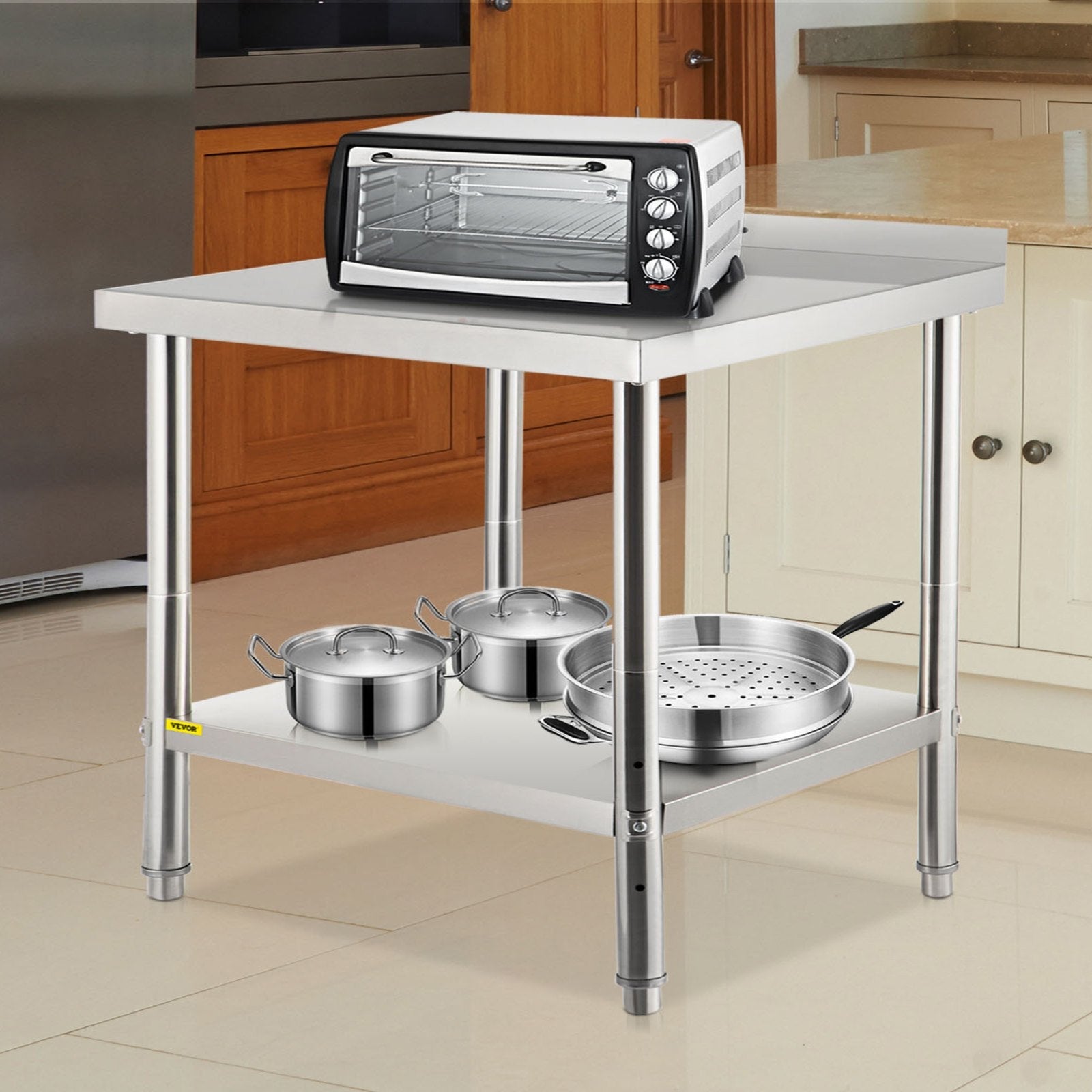 VEVOR Stainless Steel Prep Table, 36 x 24 x 35 Inch, 440lbs Load Capacity Heavy Duty Metal Worktable with Backsplash and Adjustable Undershelf, Commercial Workstation for Kitchen Restaurant 