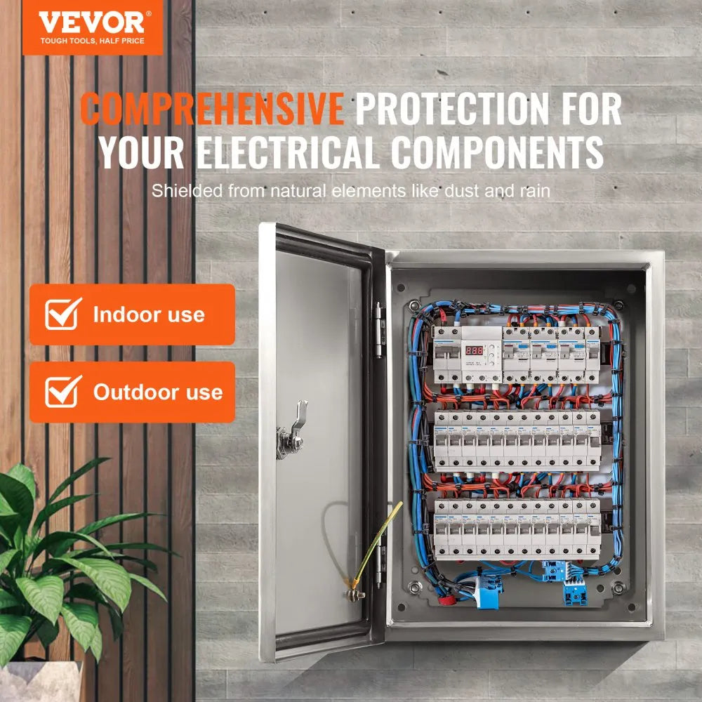 VEVOR Steel Electrical Box, 16"x 12"x 6", 304 Stainless Steel Electrical Enclosure Box, Wall-Mounted Outdoor Electrical Electronic Equipment Enclosure with Mounting Plate Hinges Lock, IP66 Waterproof