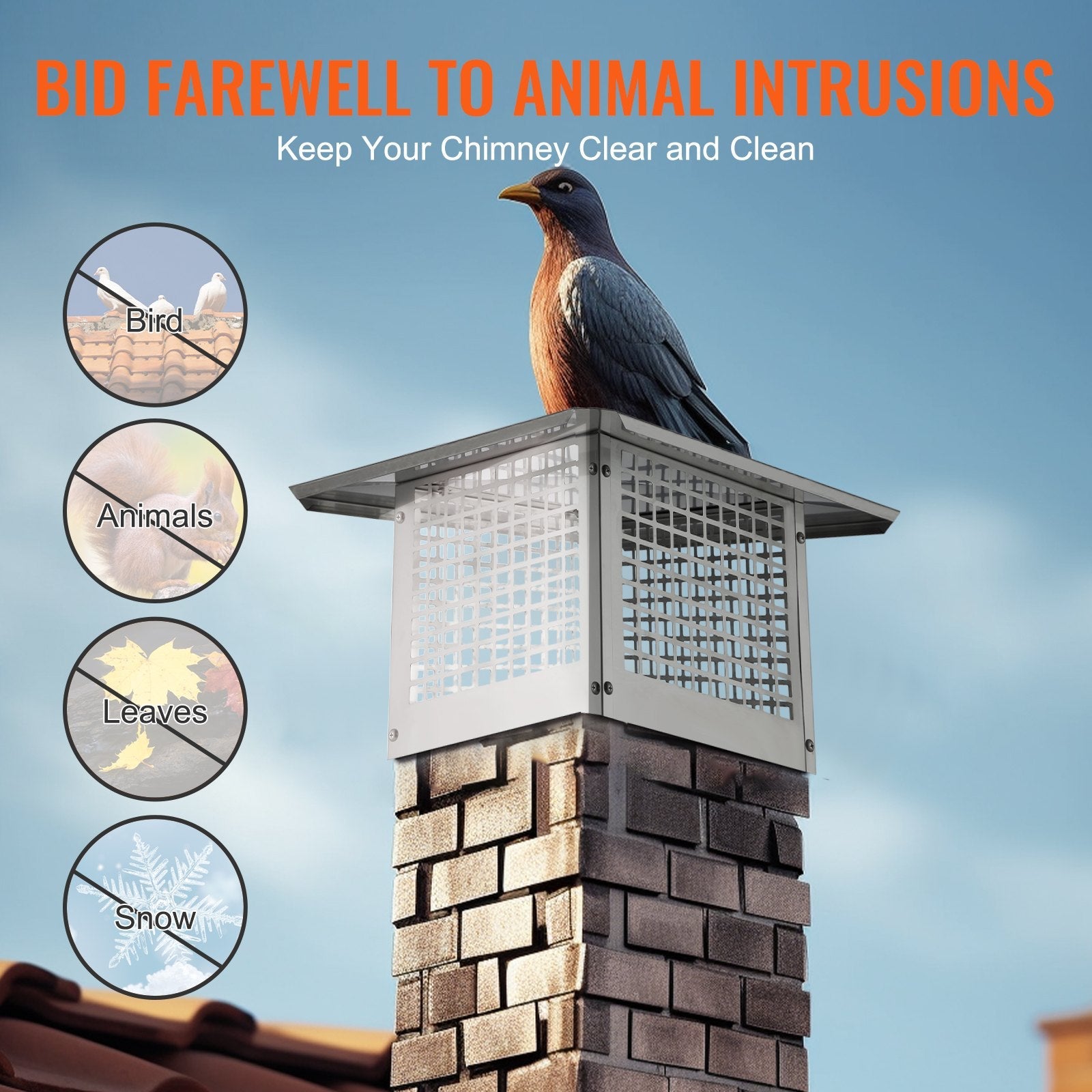 VEVOR Chimney Cap, 12 x 12 inch, 304 Stainless Steel Fireplace Chimney Cover, Not Easily Toppled & Practical Accessories & Easy Installation, Fits Mesh Flue Covers Outside Clay Flue Shingles, Silver 