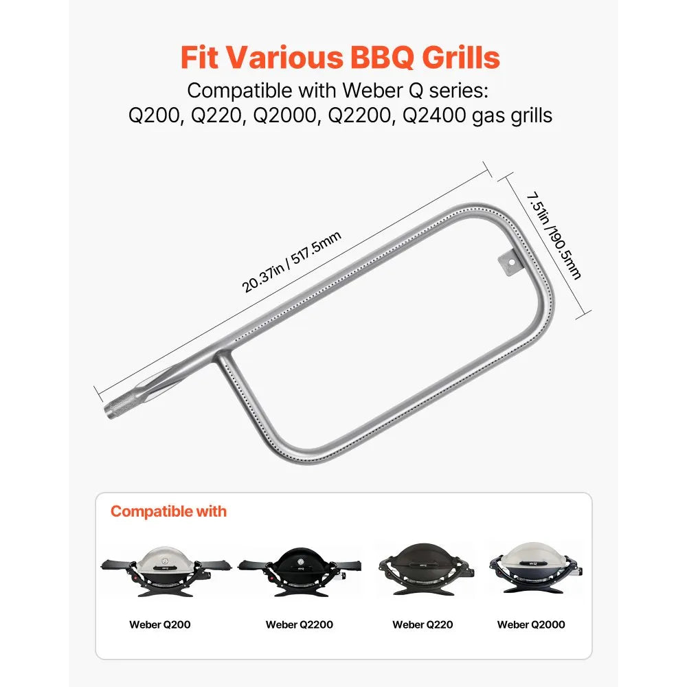 VEVOR Grill Burner Tube for Weber Q200, Q220, Q2000, Q2200, Q2400, 20.5 inch 304 Stainless Steel Tube Burner for Weber 396000, 396001, 396002, 566002, 53060001, Replacement Part 60041, 69956, 41862 