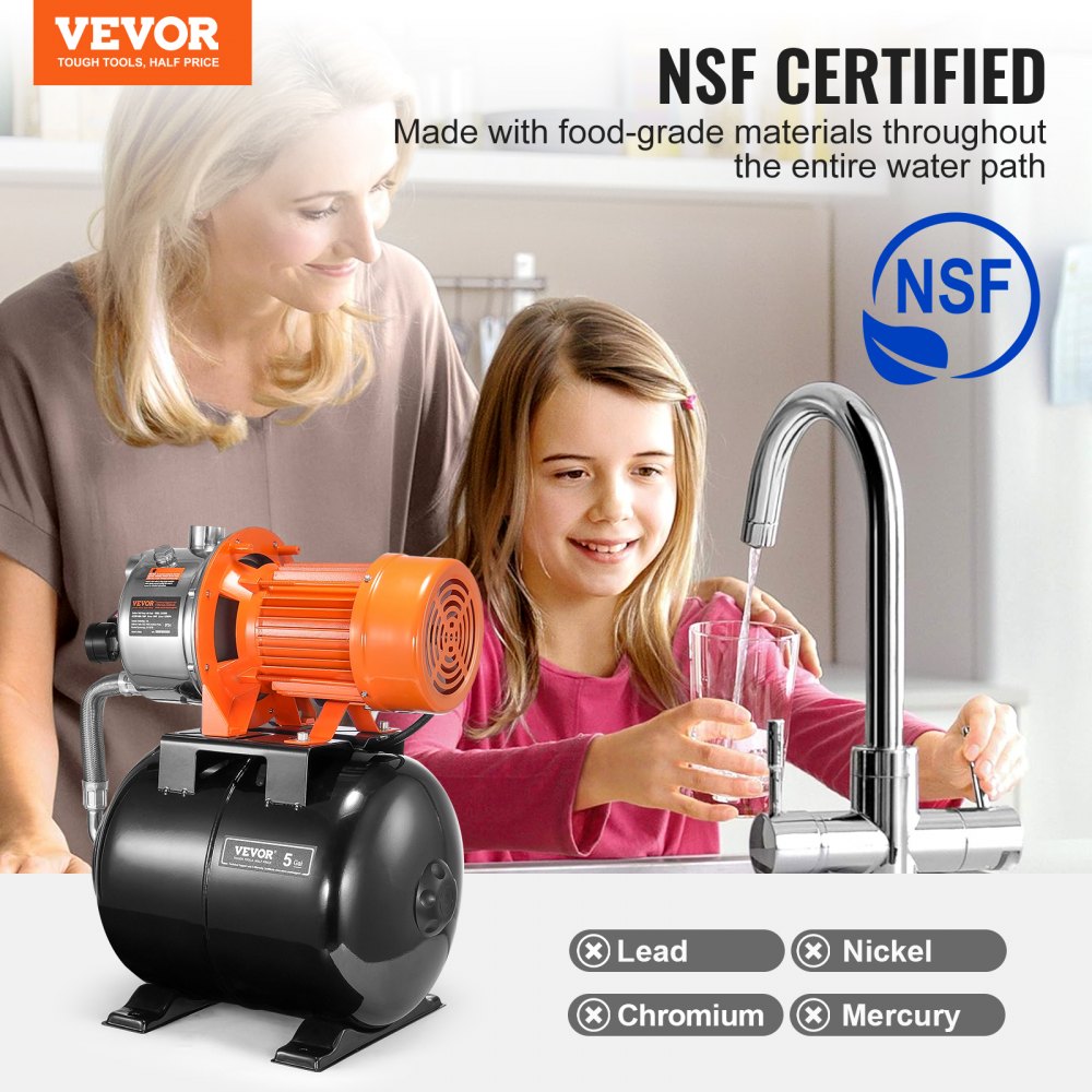 VEVOR 1.6 HP Shallow Well Pump with Pressure Tank 1320 GPH NSF Certification 