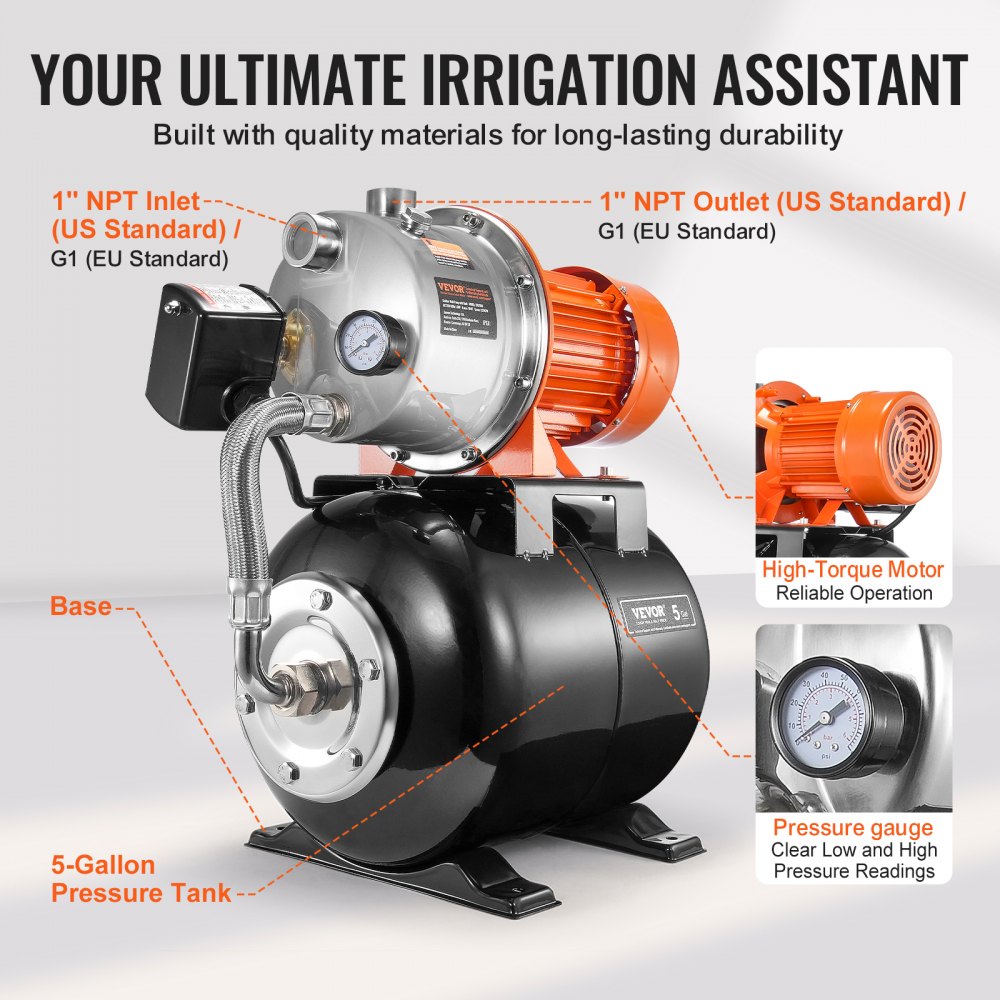 VEVOR 1.6 HP Shallow Well Pump with Pressure Tank 1320 GPH NSF Certification 