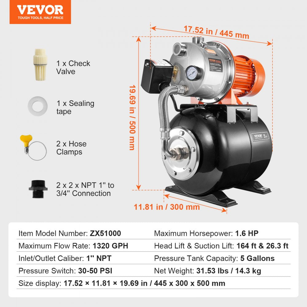 VEVOR 1.6 HP Shallow Well Pump with Pressure Tank 1320 GPH NSF Certification 