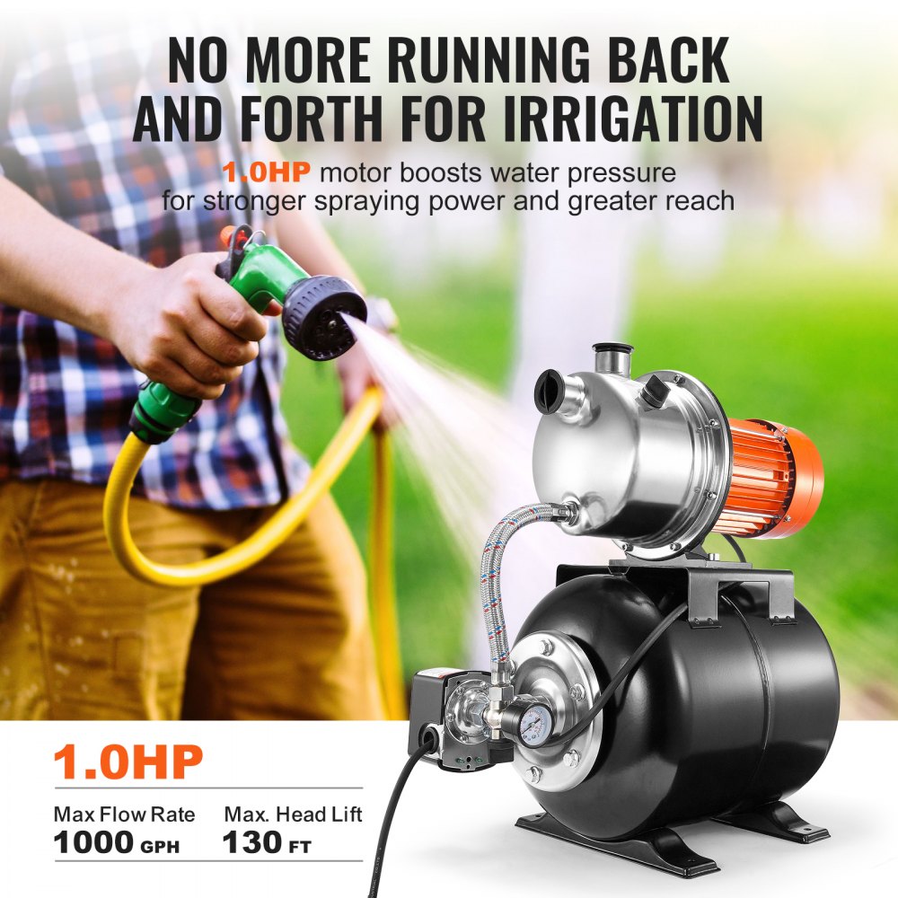 VEVOR 1HP Shallow Well Pump with Pressure Tank 1000GPH Irrigation Booster Pump 